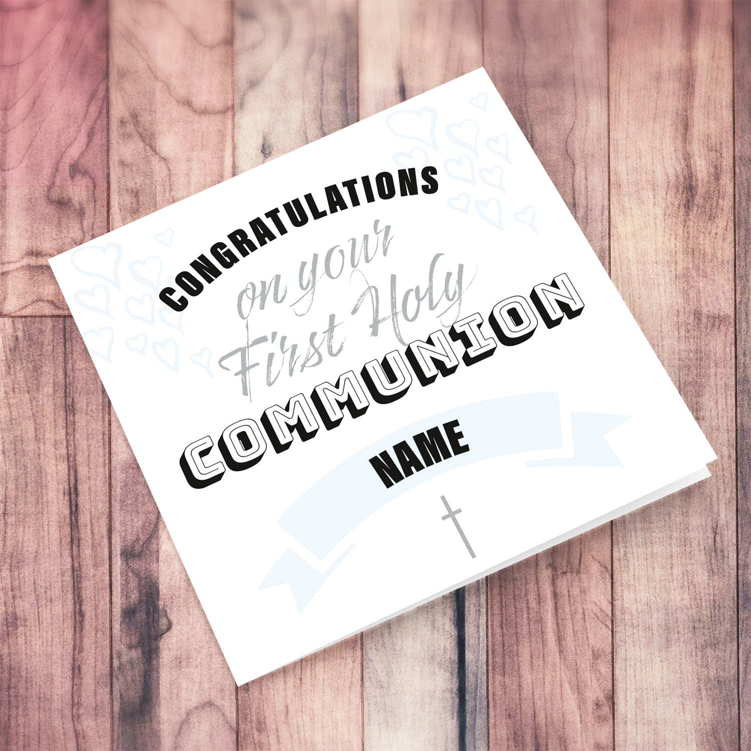 Minimalist holy communion card for boys (personalisable) with white background and light blue hearts  