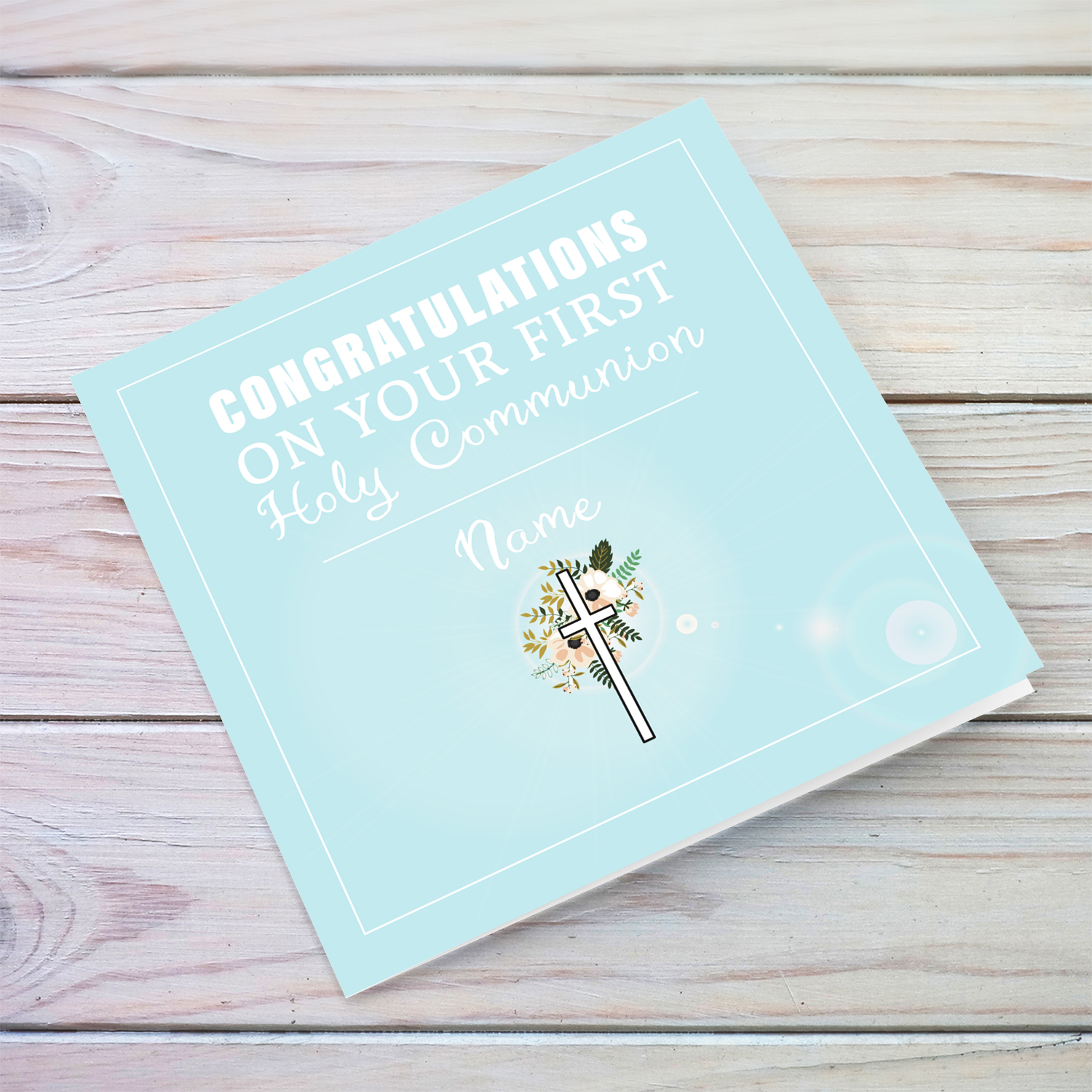 Light blue with cross and florals Holy Communion Card in English for boys