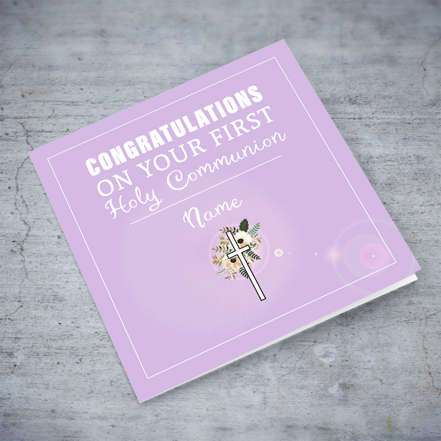 Light Purple with cross and florals Holy Communion Card in English for girl