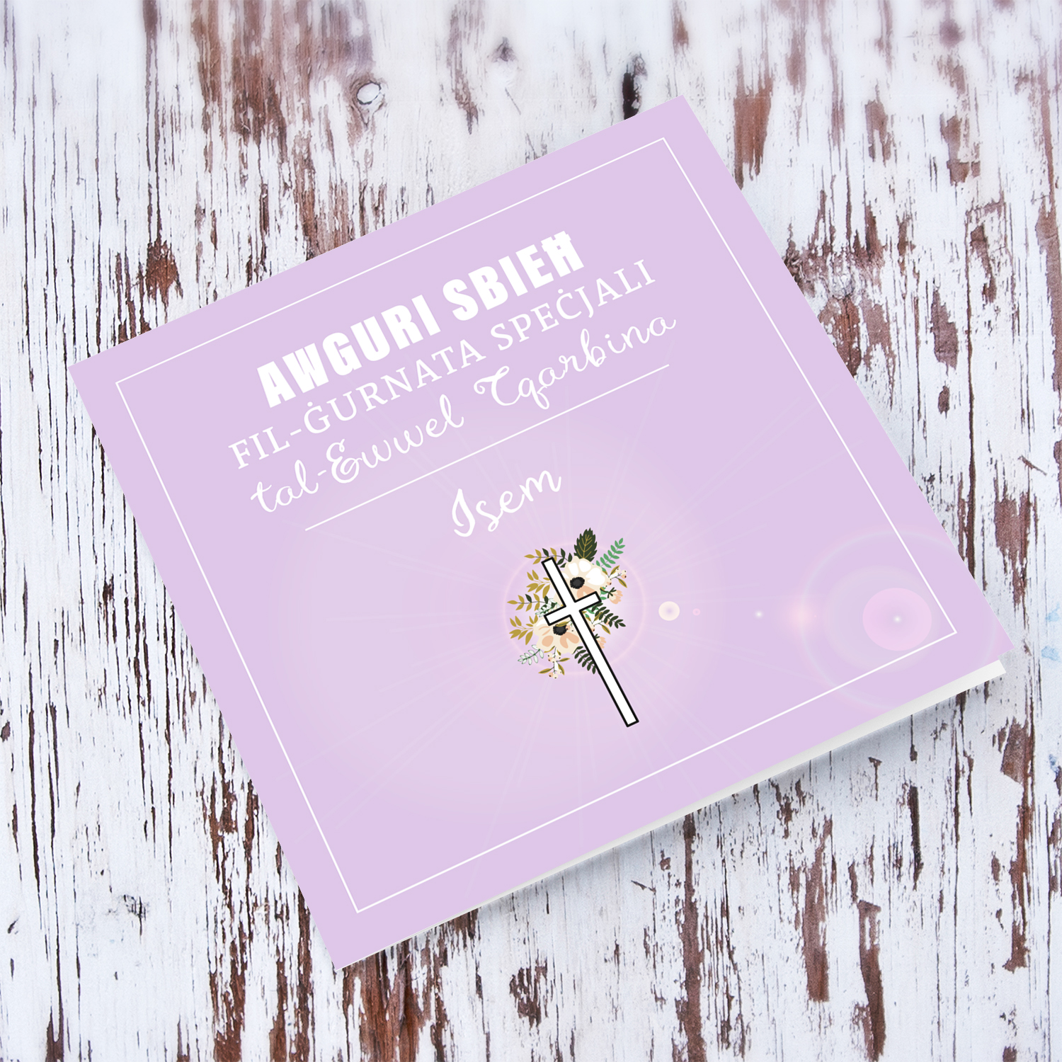 Light Purple with cross and florals Holy Communion Card in Maltese for girl