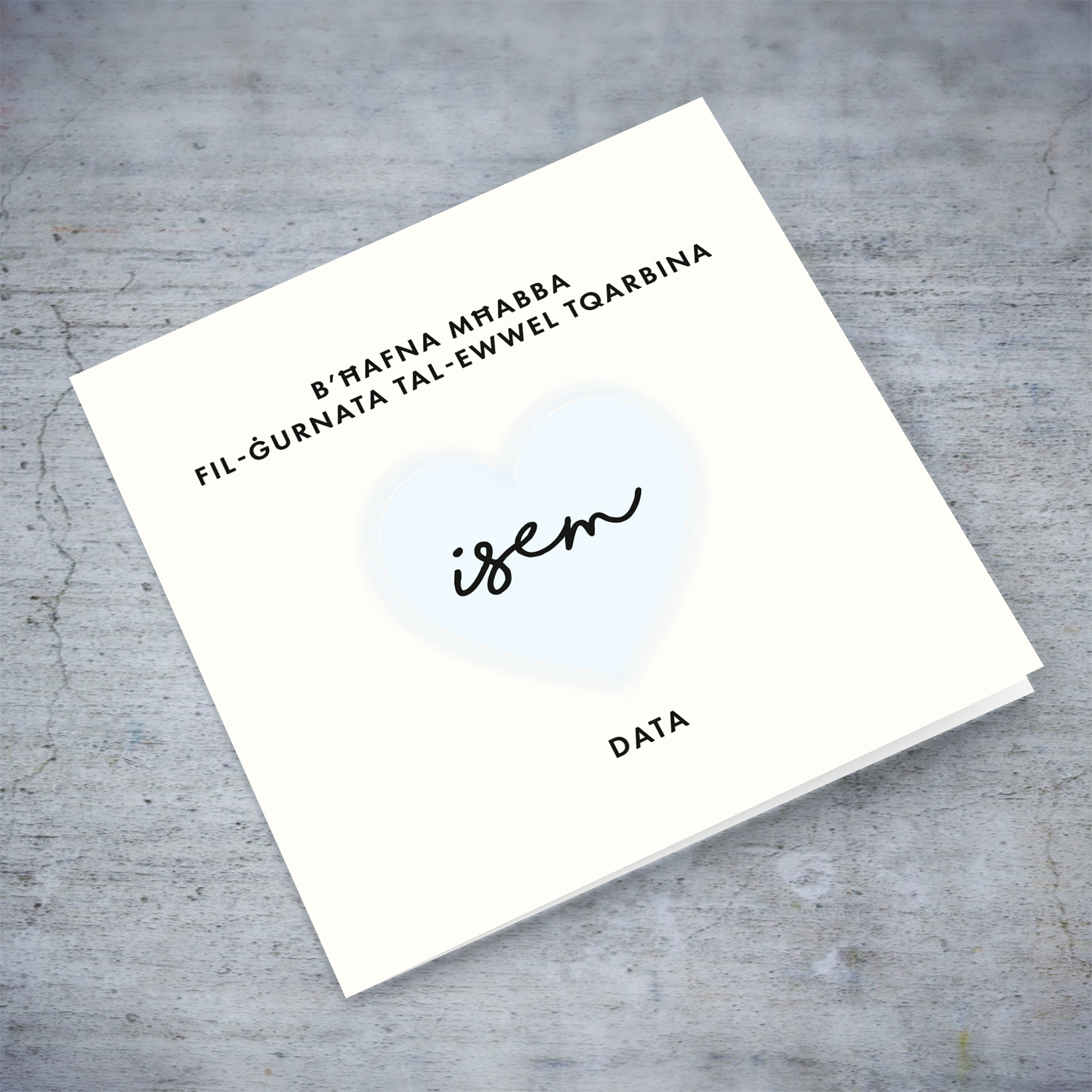 Holy Communion card in Maltese with light blue heart (Personalisable)