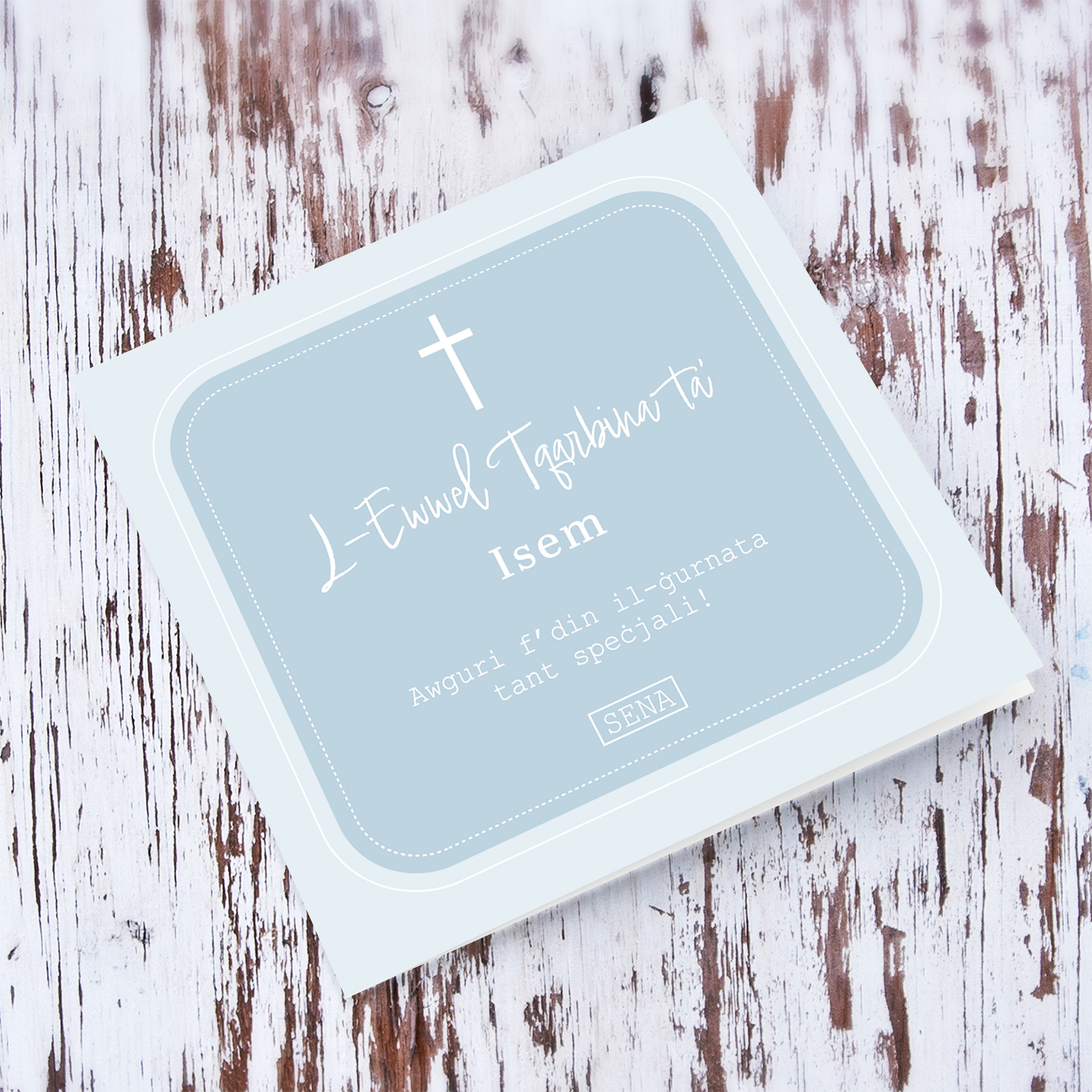Different shades of blue Holy Communion card in Maltese (Personalisable)