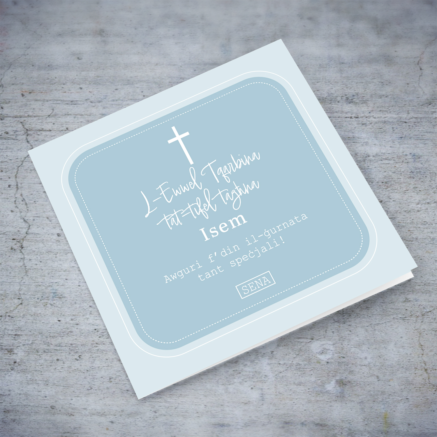 Different shades of blue Holy Communion card for SON in Maltese (Personalisable)