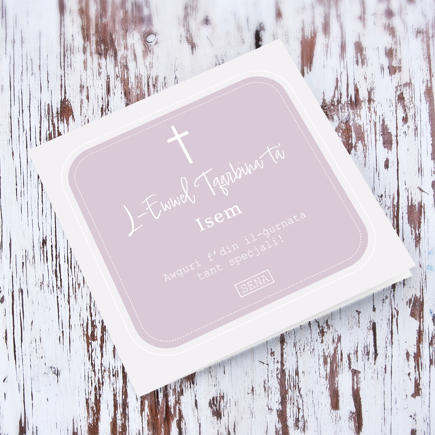 Different shades of pink/light purple Holy Communion card in Maltese (Personalisable)