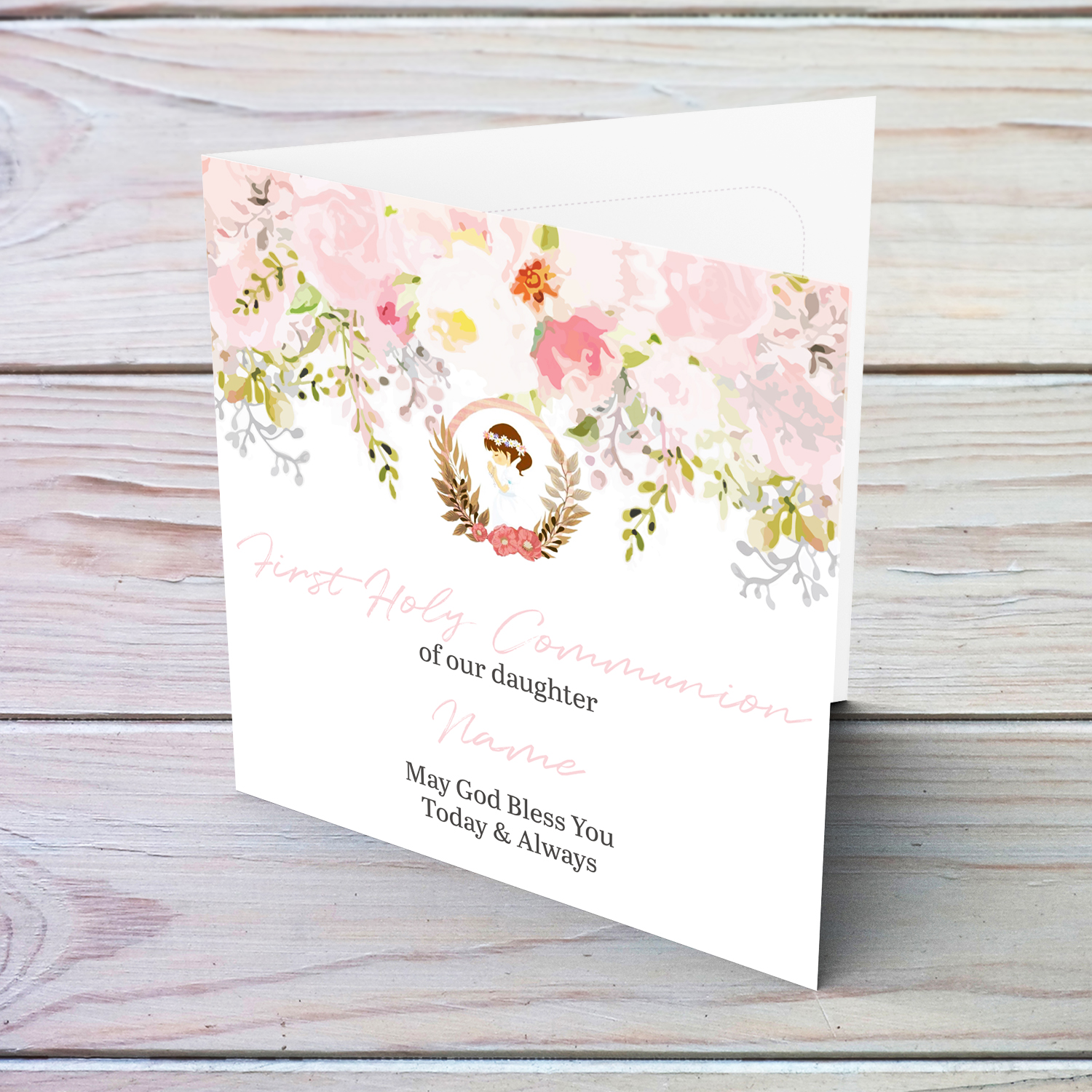 Daughter - Holy Communion Card with pink and black text in English