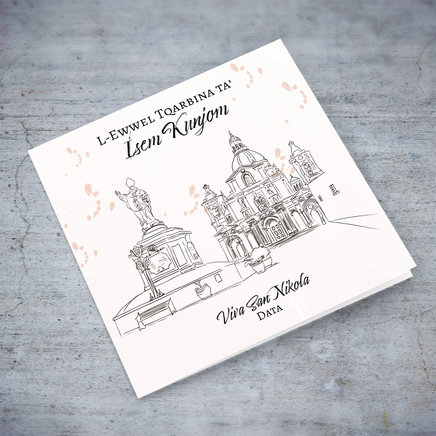 Line art - Siggiewi Parish Church neutral Holy Coimmunion card in Maltese (Personalisable)