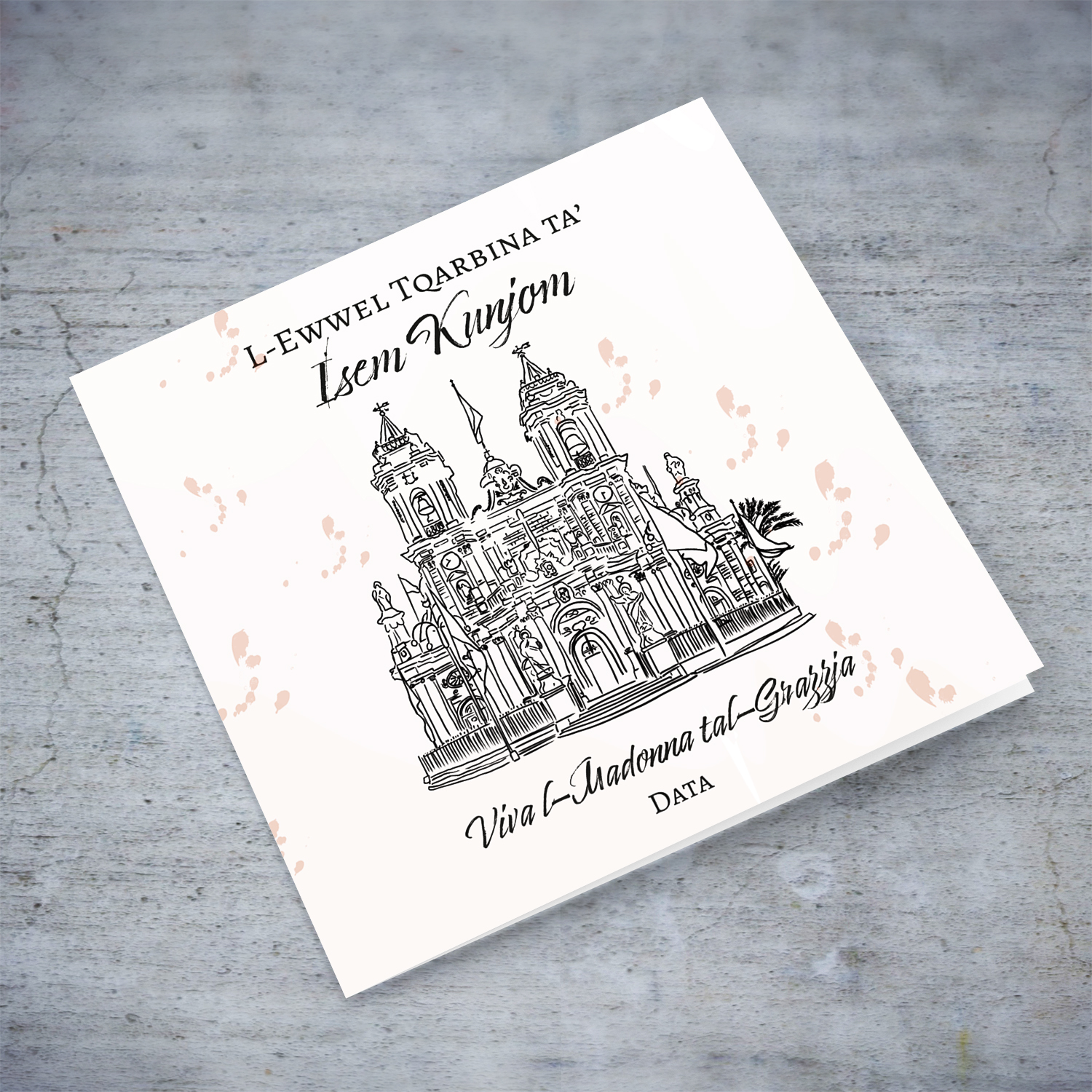 Line art - Ħaż-Żabbar Parish Church neutral Holy Communion card in Maltese (Personalisable)