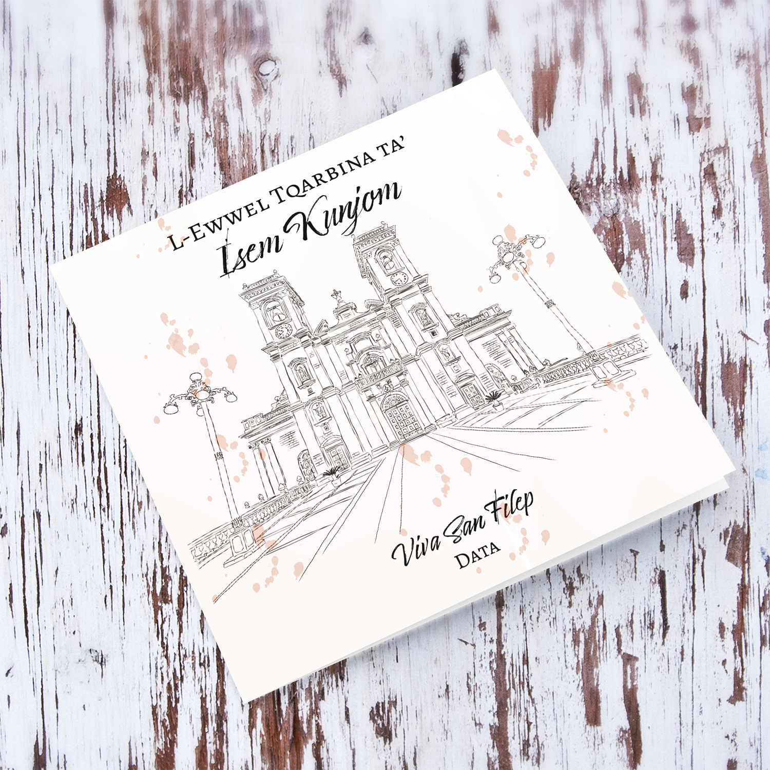 Line art - Ħaż-Żebbug Parish Church neutral Holy Communion card in Maltese (Personalisable)