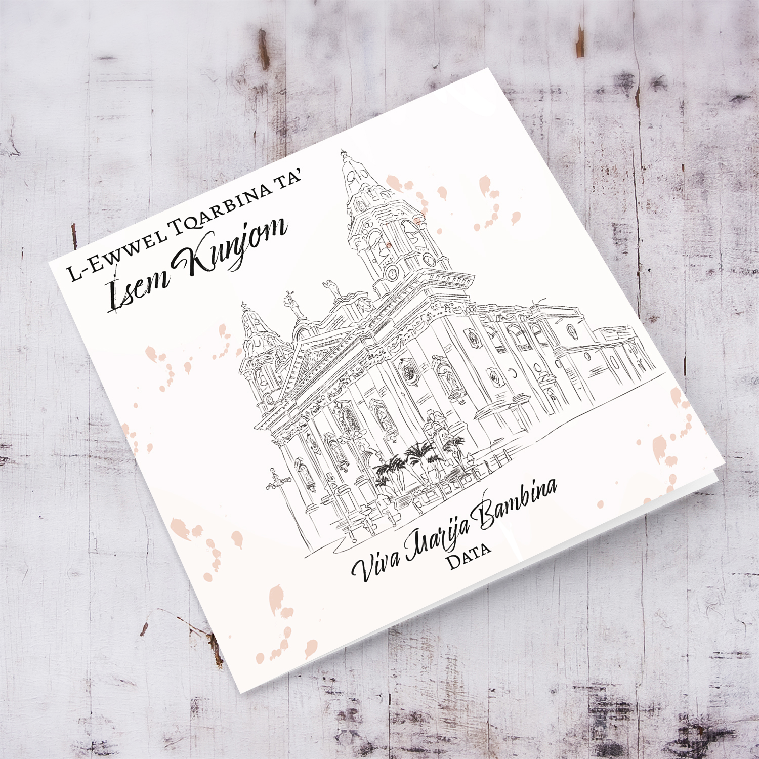 Line art - Naxxar Parish Church neutral holy communion card in Maltese (Personalisable)