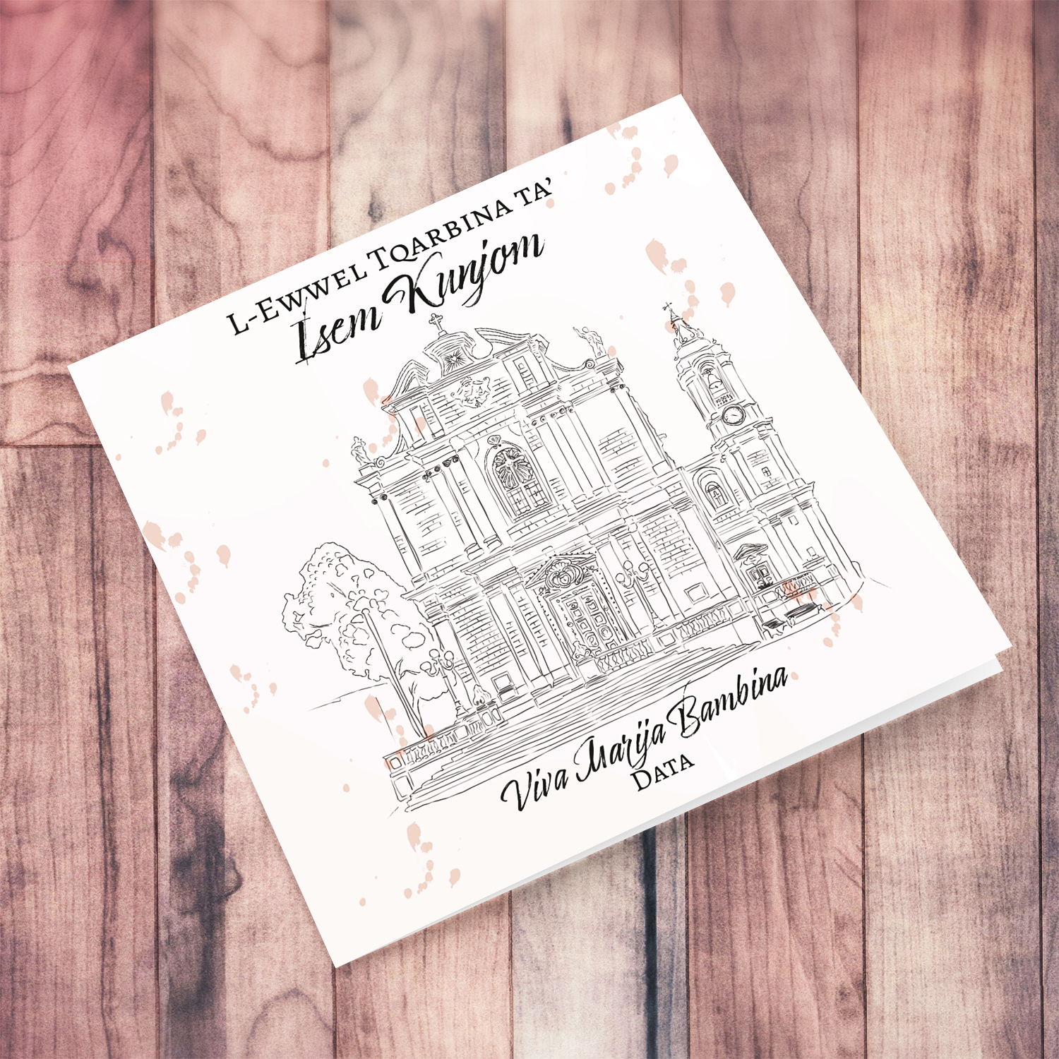 Line art -Ħal-Għaxaq Parish Church neutral Holy Communion card in Maltese (Personalisable)