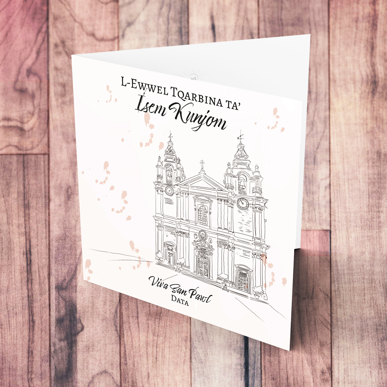 Line art - Mdina Cathedral neutral Holy Communion card in Maltese (Personalisable)