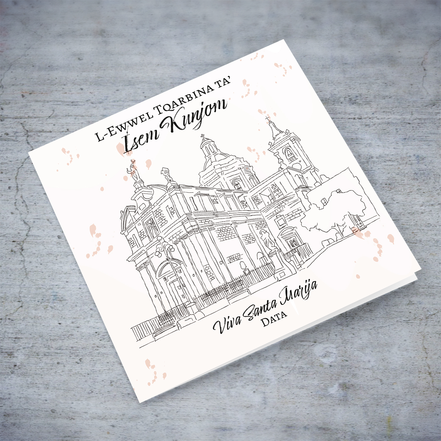 Line art - Mqabba Parish Church neutral holy communion card in Maltese (Personalisable)