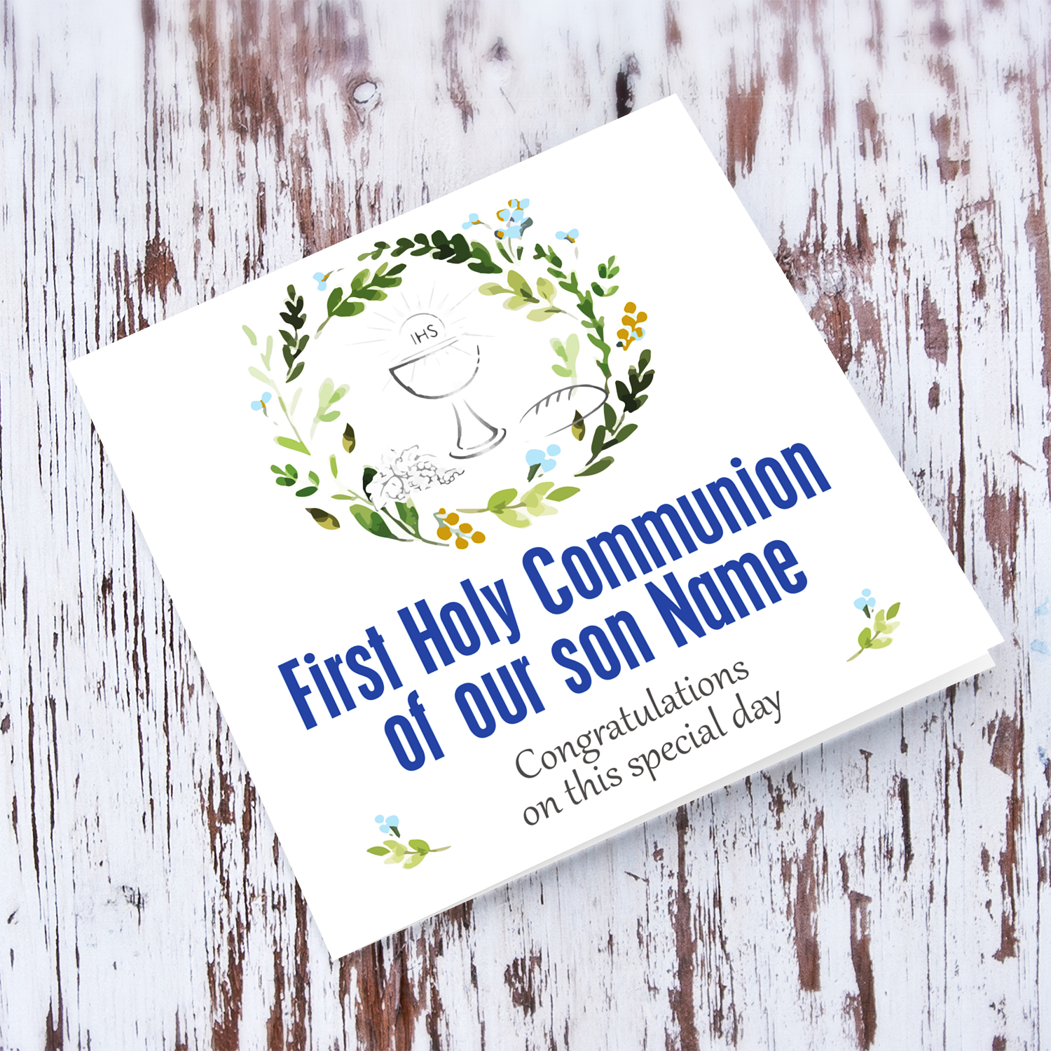 Floral wreath in blue tones personalisable Holy Communion Card for son in English