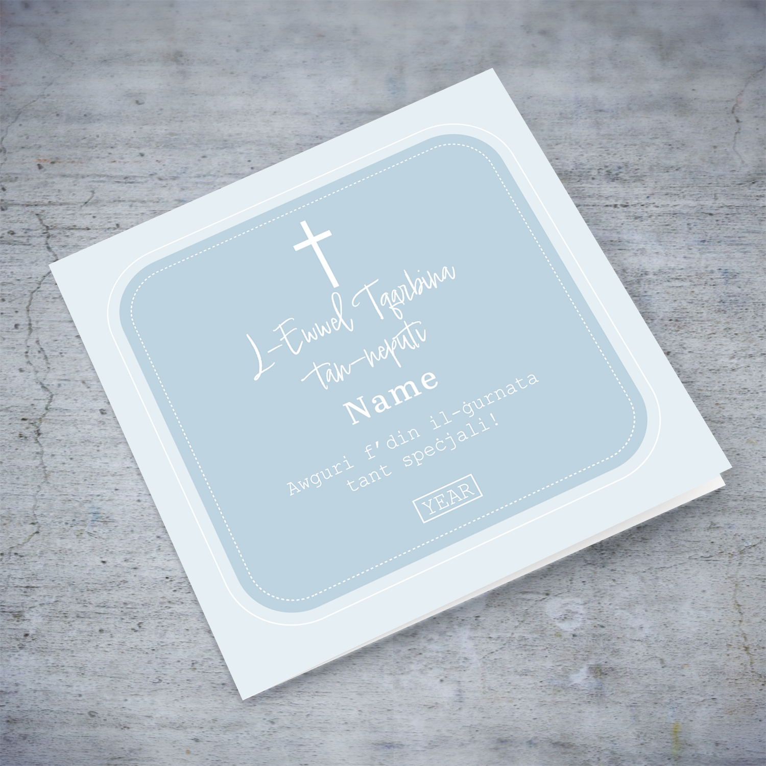 Different shades of blue Holy Communion card for NEPHEW in Maltese (Personalisable)
