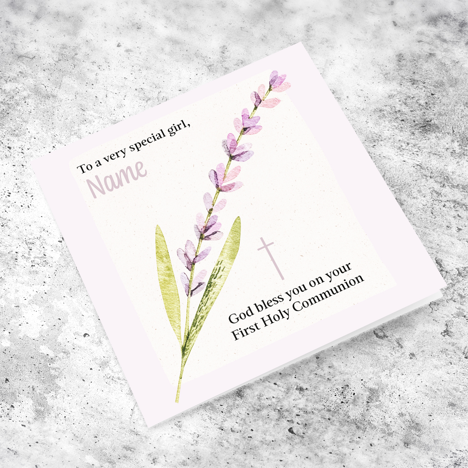 Petite First holy Communion Card for a very special girl in pink / purple tones in English (Personaliable)