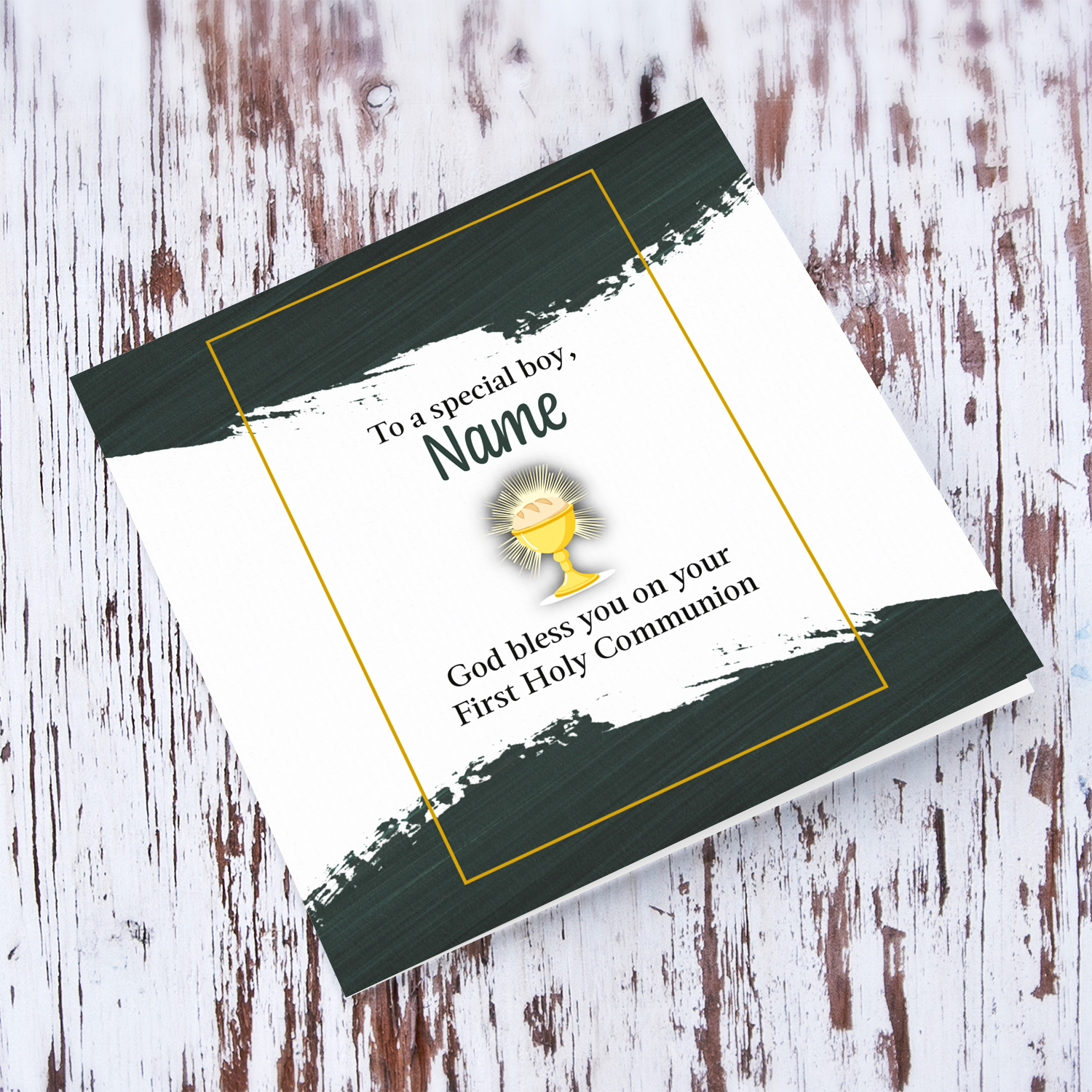 Modern First Holy Communion card with green touches and gold border to a dear boy in Maltese (English)