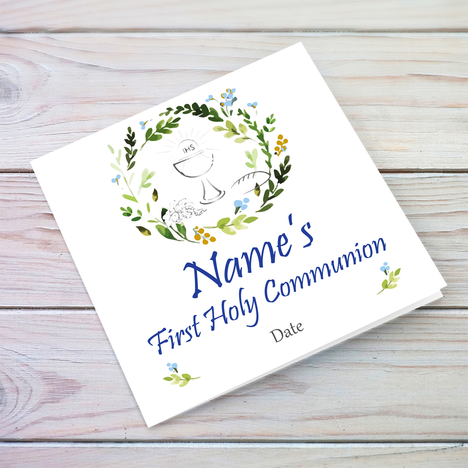 Floral wreath with light blue and gold tones personalisable Holy Communion Card in English