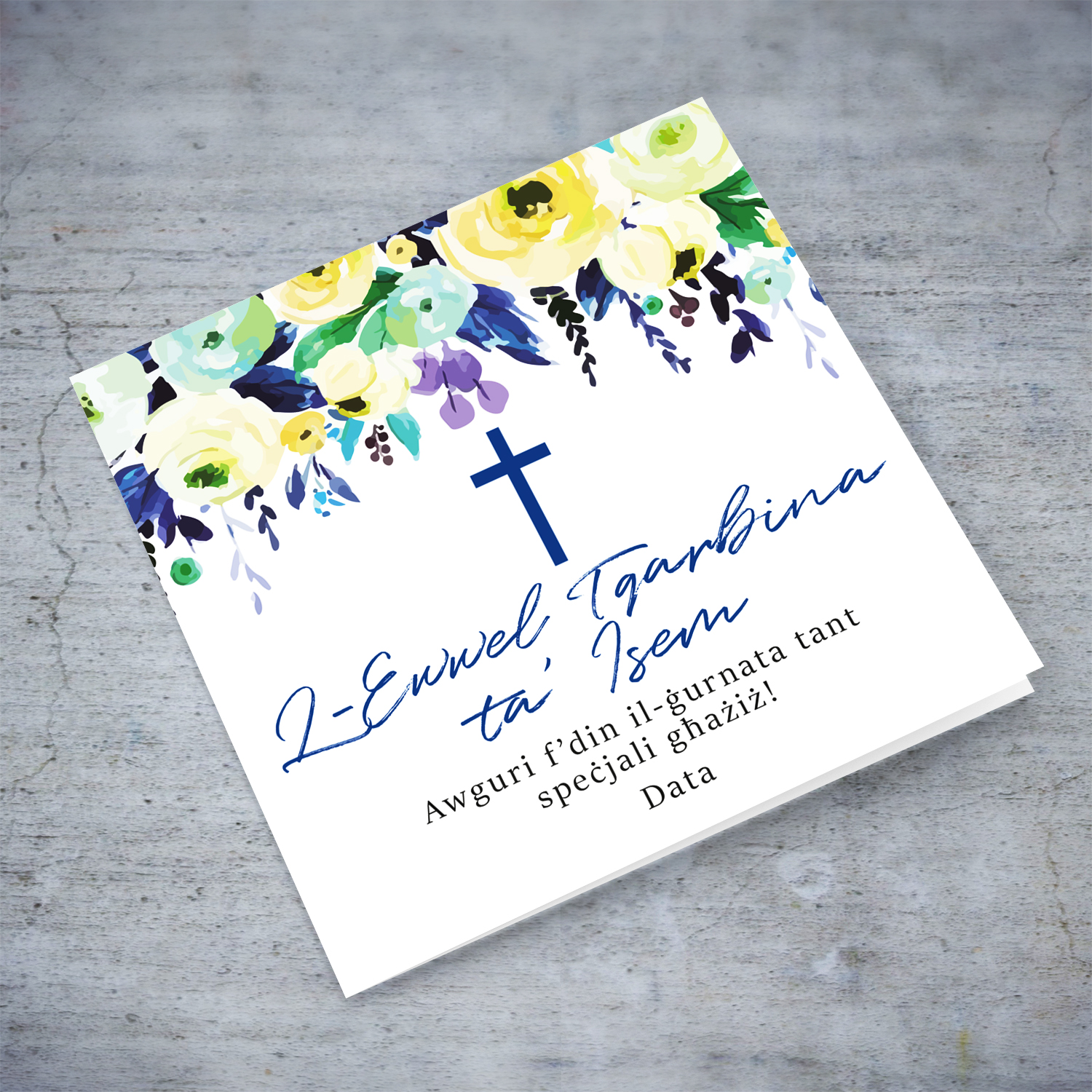 Holy Communion card featuring flowers in different shades of blue, green and yellow for a special you in Maltese (Personalisable)