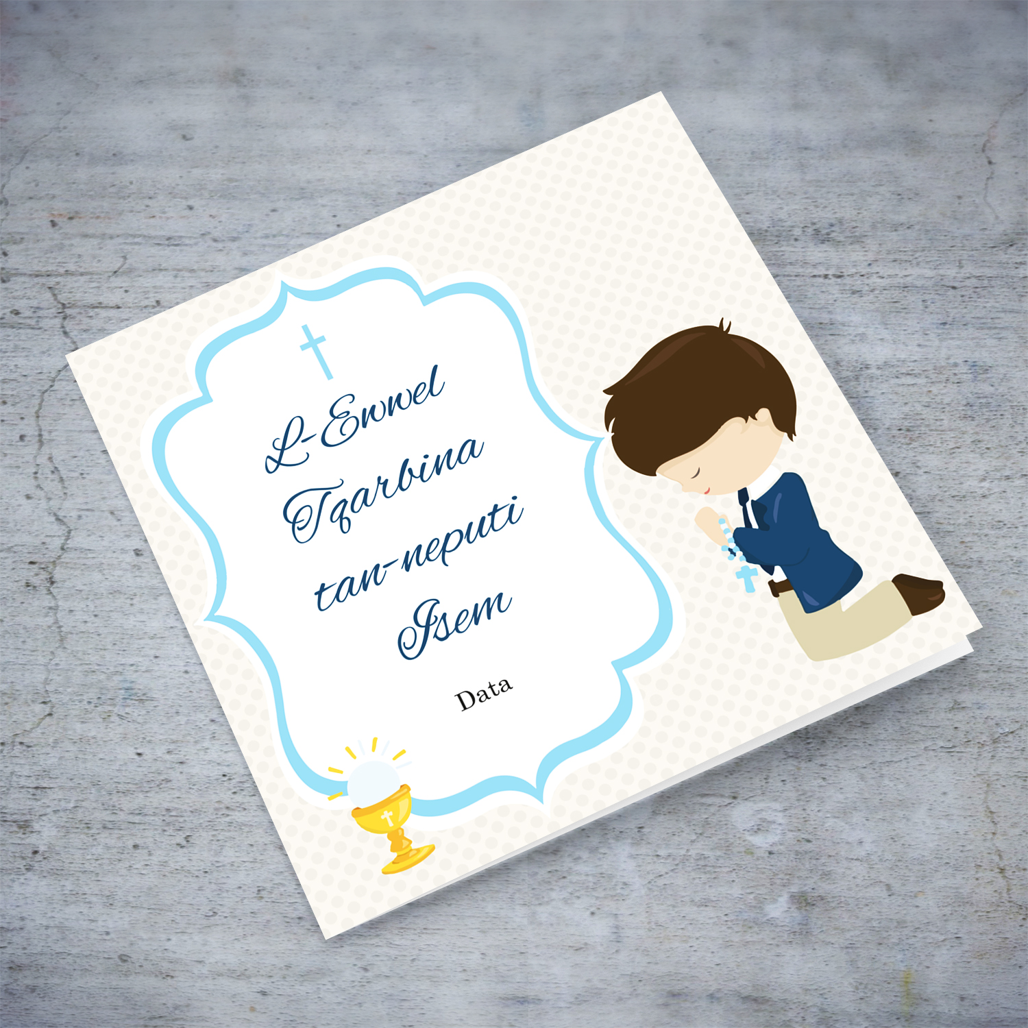 Boy praying Holy Communion card for nephew in light cream background in Maltese (Personalisable)