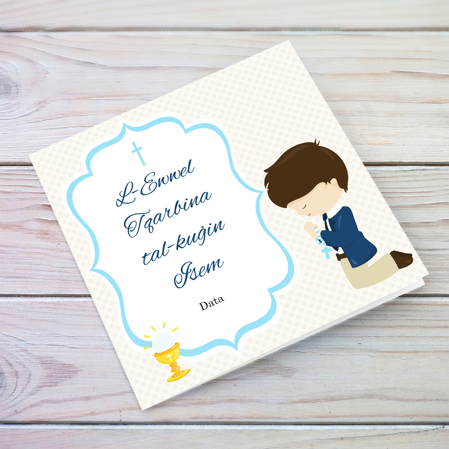 Boy praying Holy Communion card for cousin in light cream background in Maltese (Personalisable)