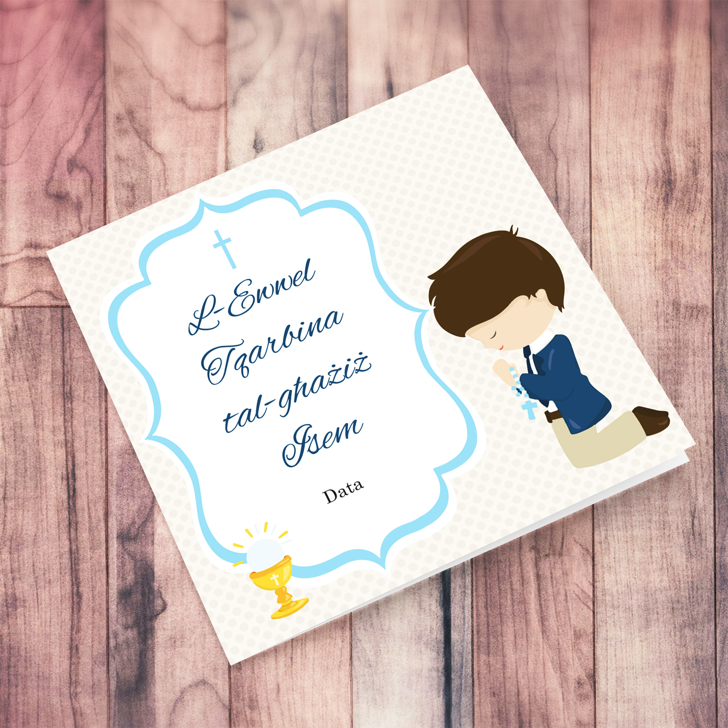 Boy praying Holy Communion card for a dear boy in light cream background in Maltese (Personalisable)