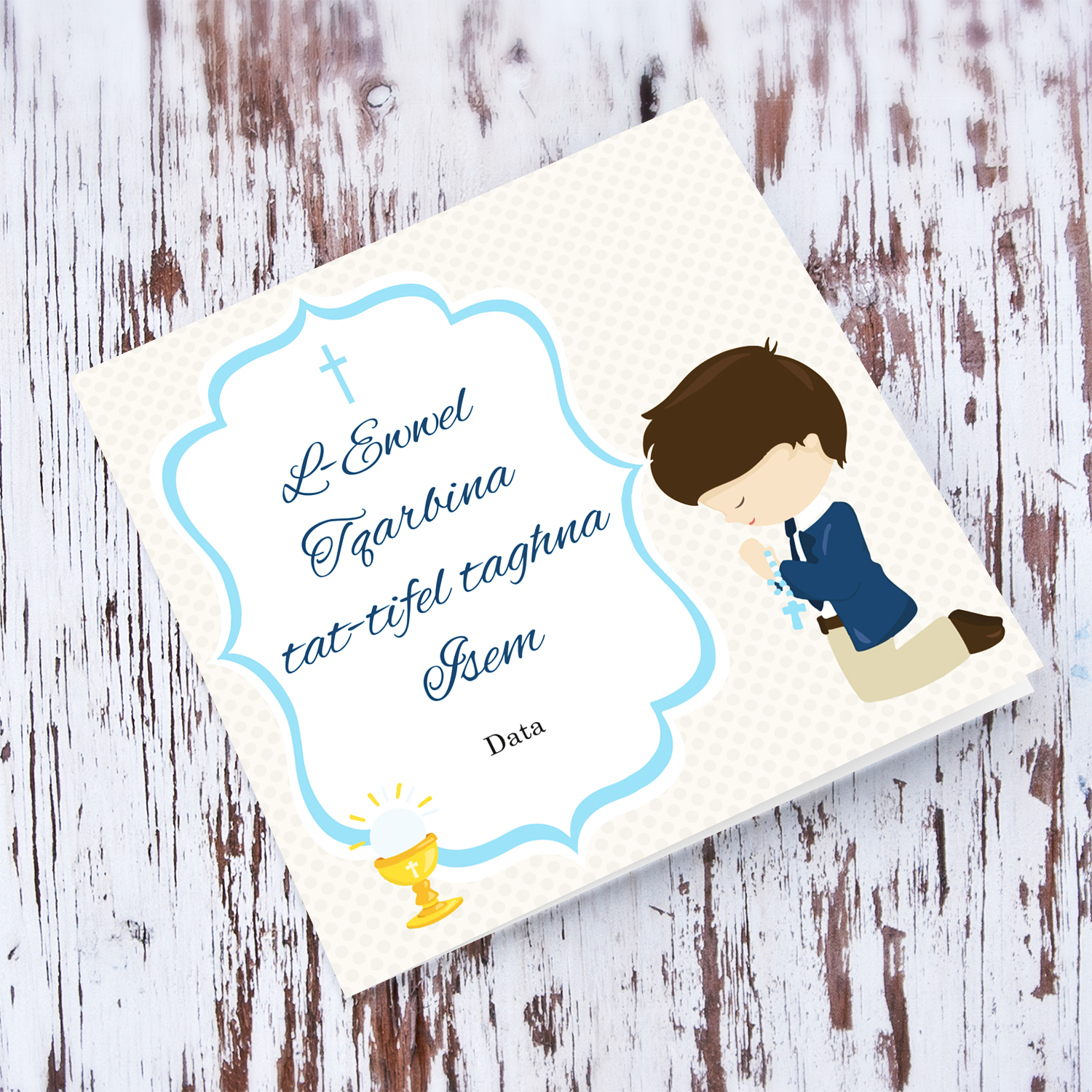 Boy praying Holy Communion card for our son in light cream background in Maltese (Personalisable)