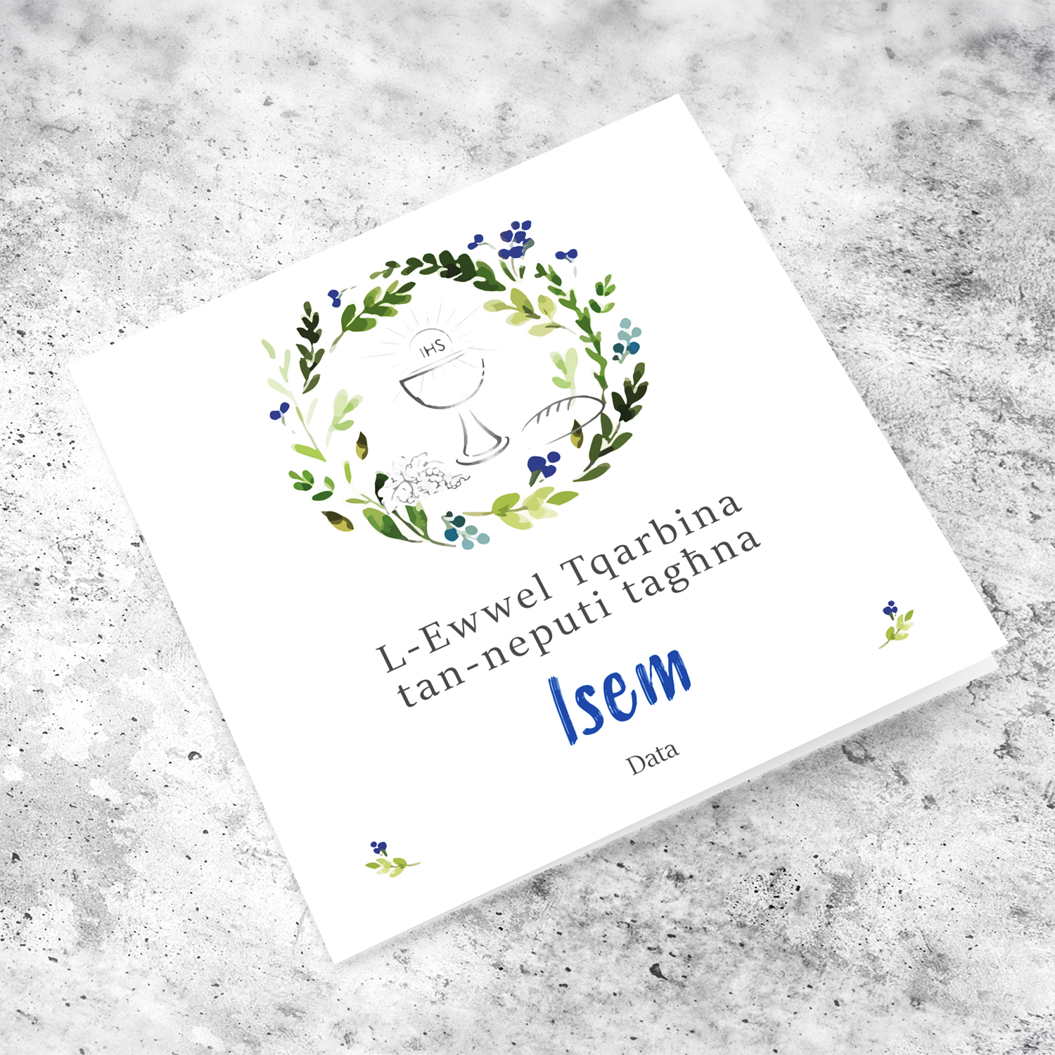 Floral wreath in blue tones with bread and wine, Holy Communion Card for our nephew in Maltese (Personalisable)