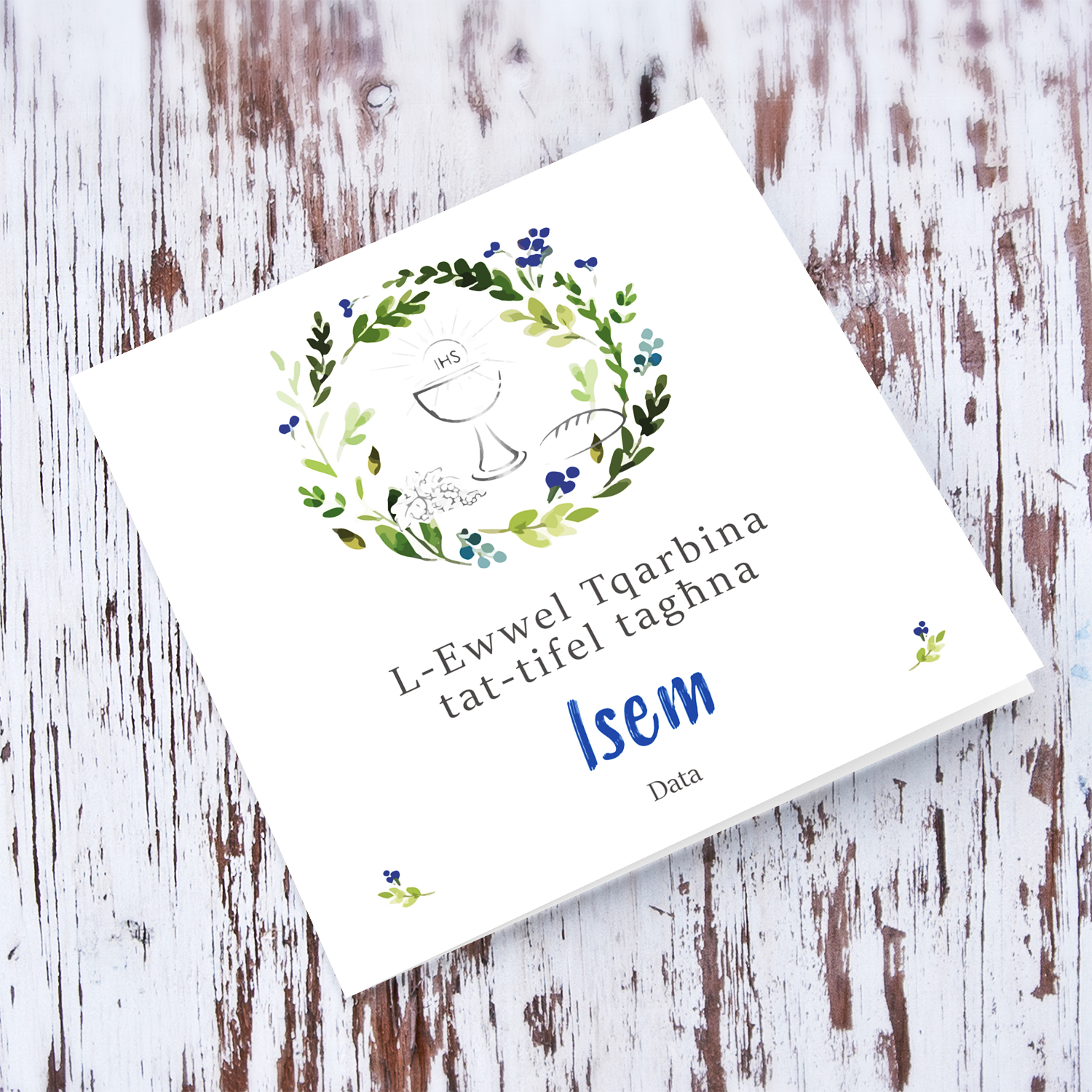Floral wreath in blue tones with bread and wine, Holy Communion Card for our son in Maltese (Personalisable)