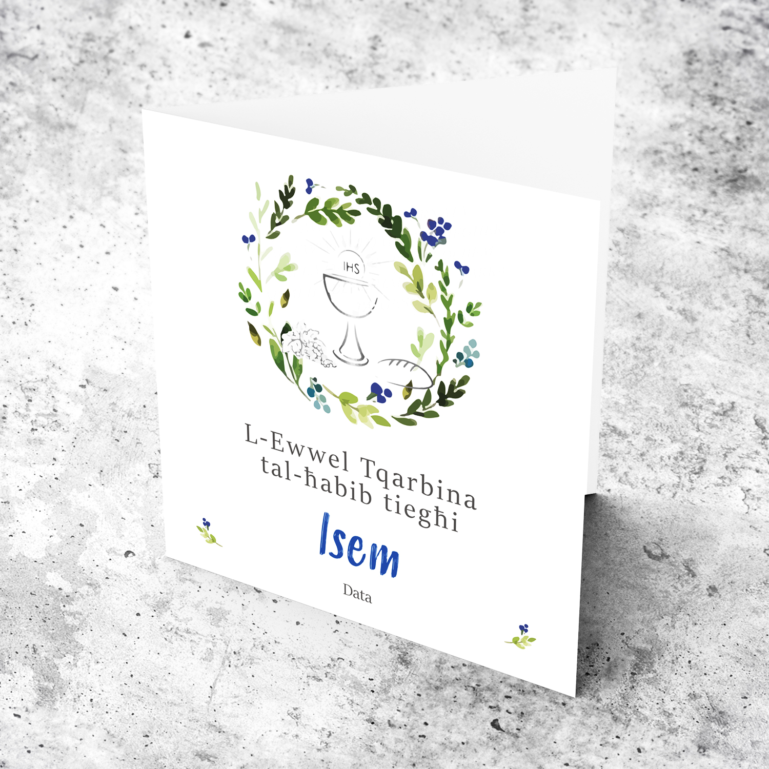 Floral wreath in blue tones with bread and wine, Holy Communion Card for a dear friend in Maltese (Personalisable)