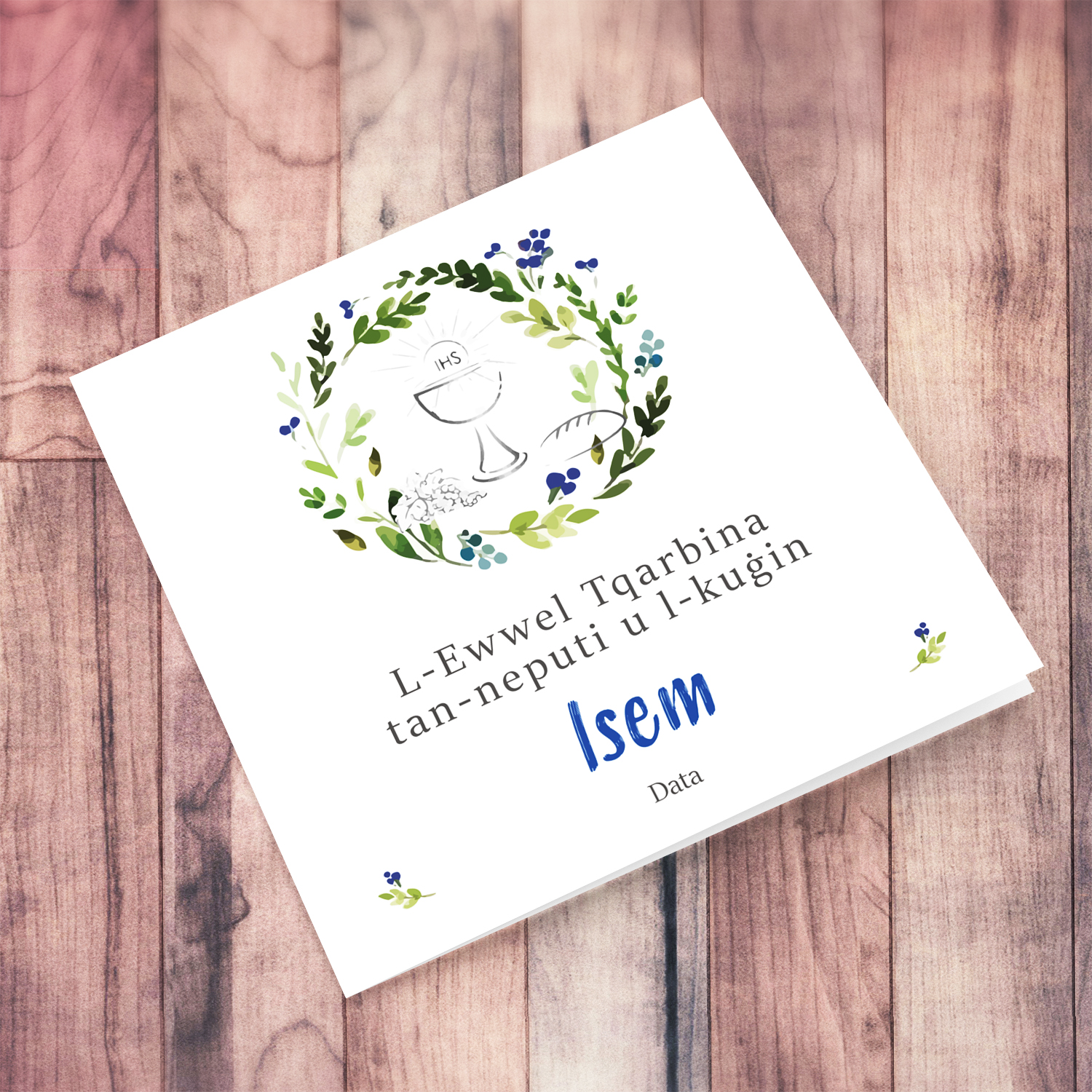 Floral wreath in blue tones with bread and wine, Holy Communion Card for nephew and cousin in Maltese (Personalisable)