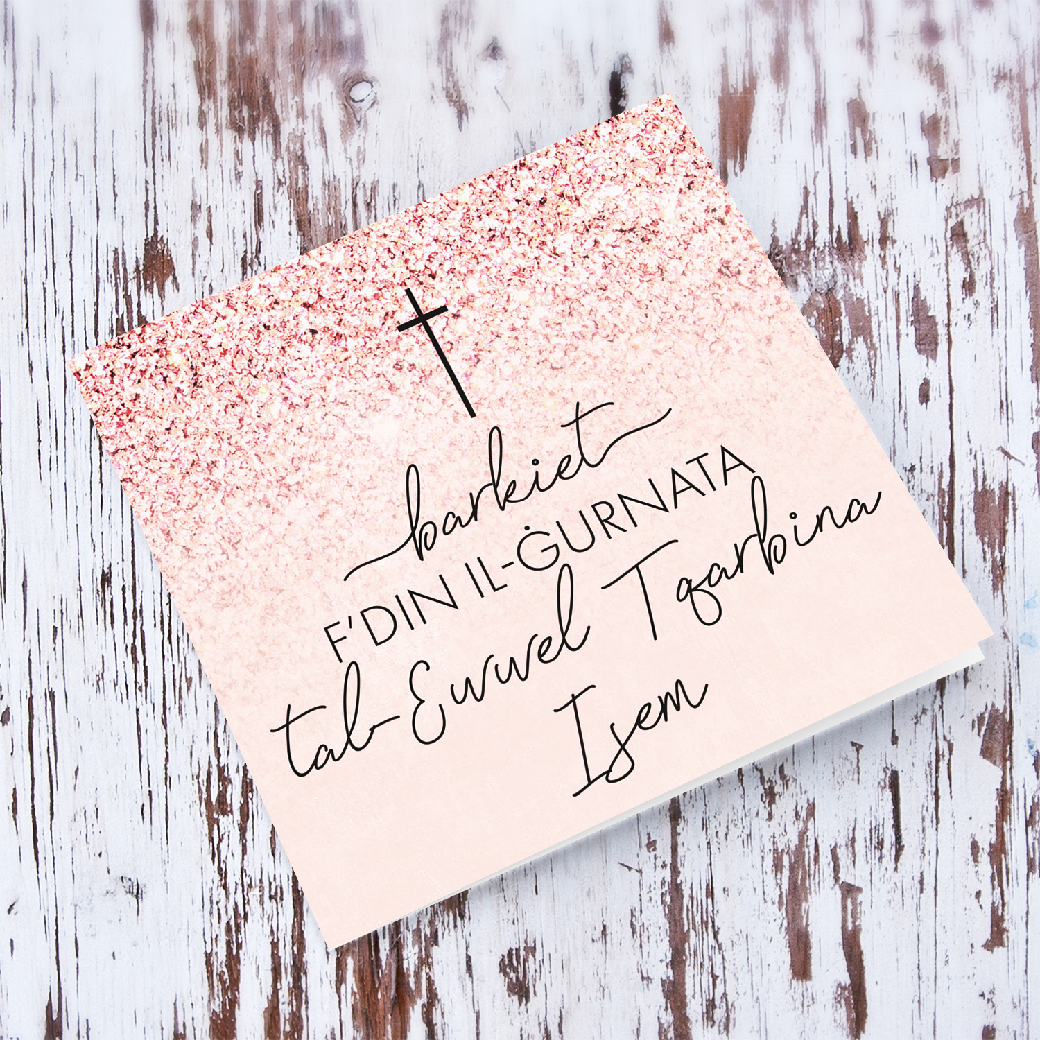 Pink Glitter with cross Holy Communion card for girls in Maltese (Personalisable)