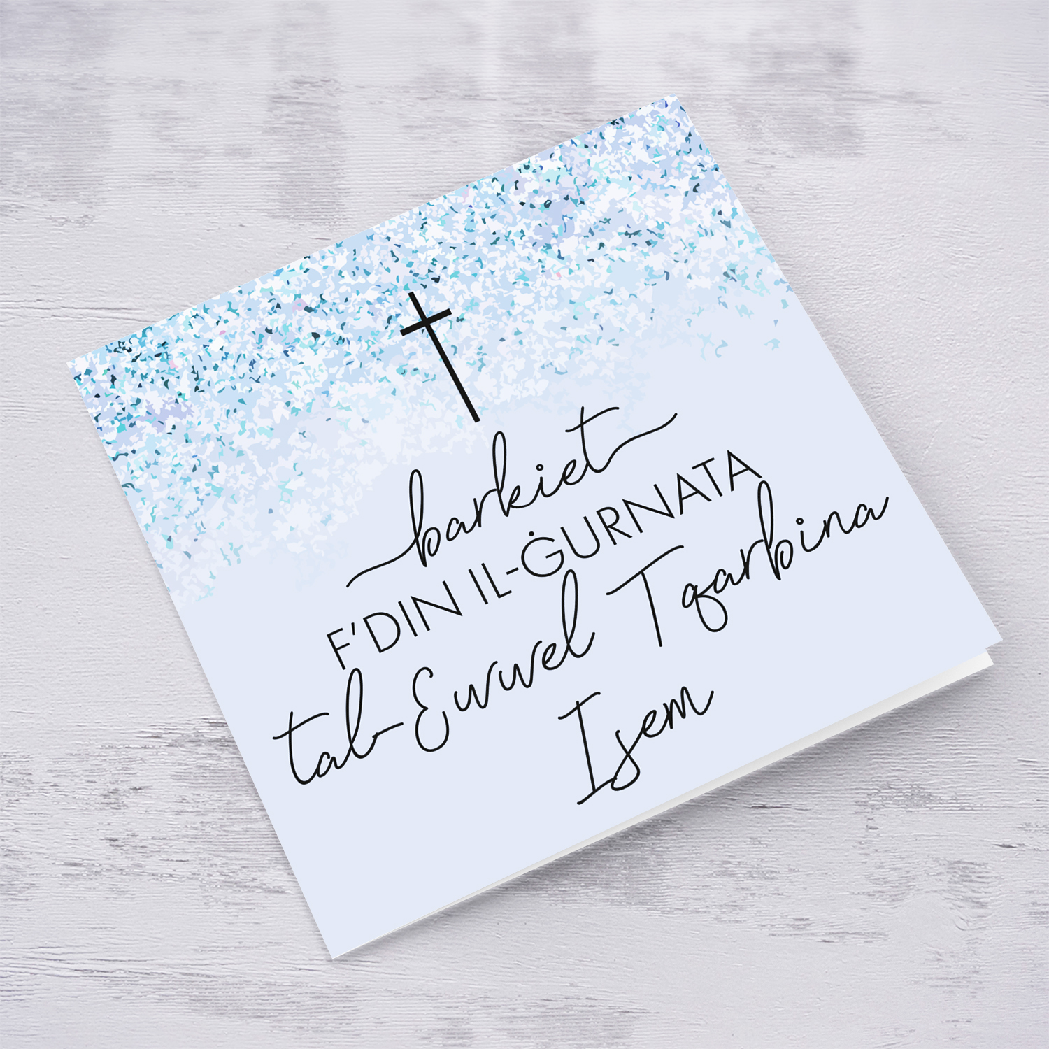 Light blue background with cross Holy Communion card for boys in Maltese (Personalisable)