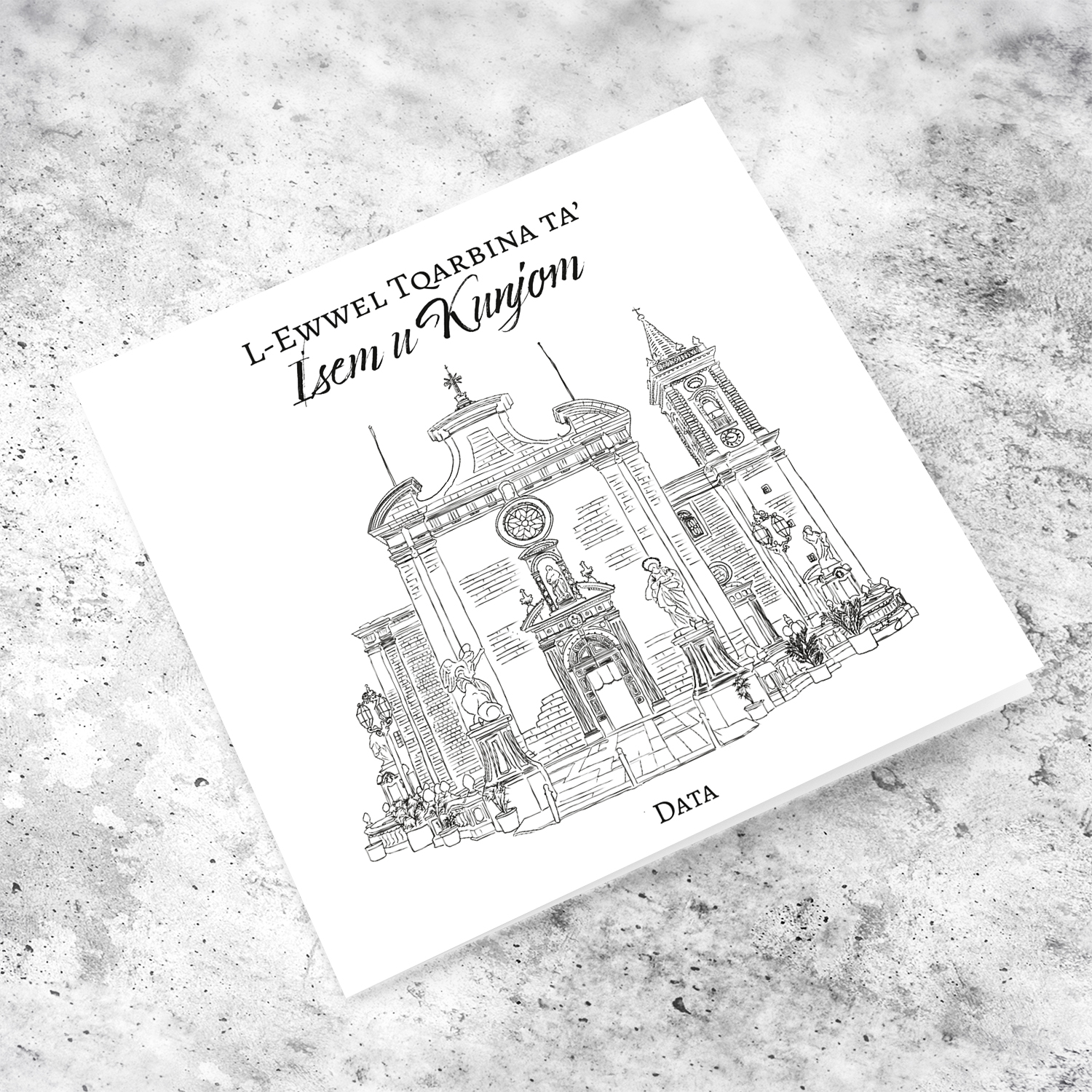 Ħal Balzan Parish Church hand darwn Holy Communion Card in Maltese (Personalisable, unisex & neutral)
