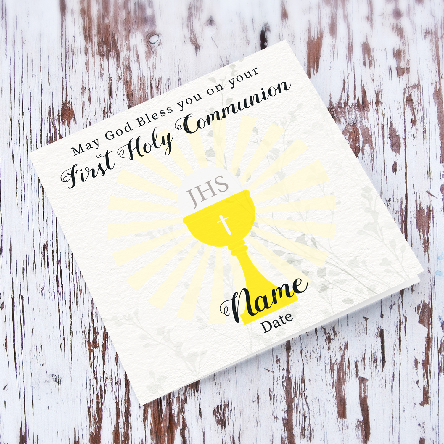 An open beautiful First Holy Communion Card, featuring a chalice and holy bread with a neutral background in English (Personalisable)