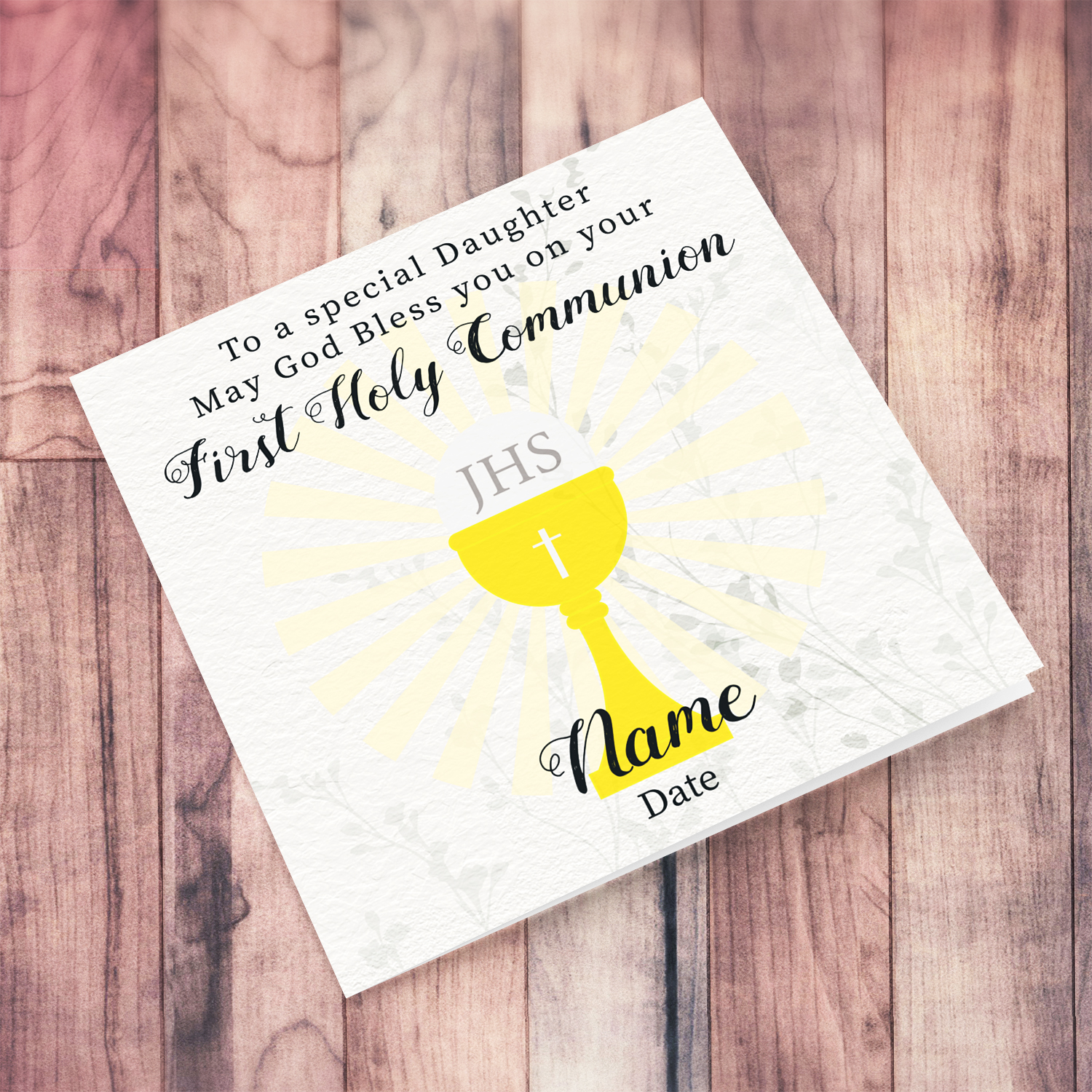 A beautiful First Holy Communion Card for Daughter, feauturing a chalice and holy bread with a neutral background in English (Personalisable)