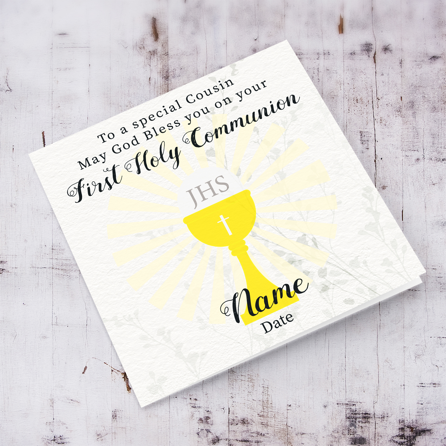 A beautiful First Holy Communion Card for Cousin, feauturing a chalice and holy bread with a neutral background in English (Personalisable)