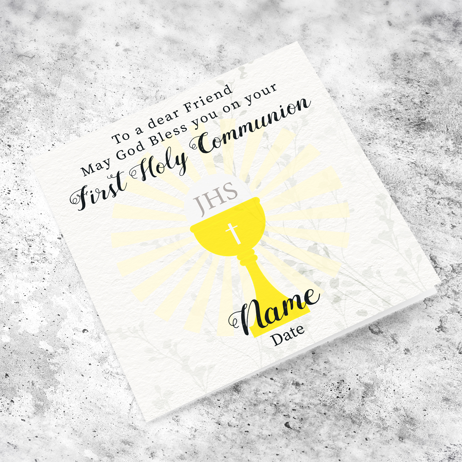 A beautiful First Holy Communion Card for a friend, feauturing a chalice and holy bread with a neutral background in English (Personalisable)