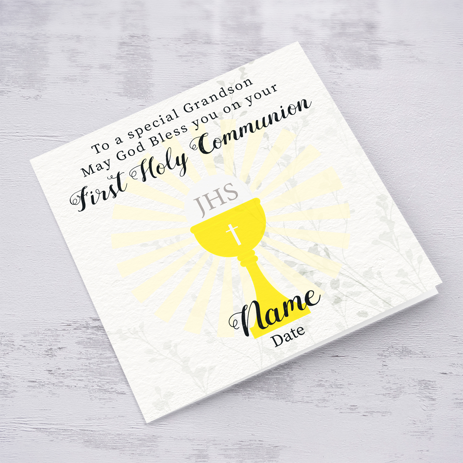 A beautiful First Holy Communion Card for Grandson, feauturing a chalice and holy bread with a neutral background in English (Personalisable)