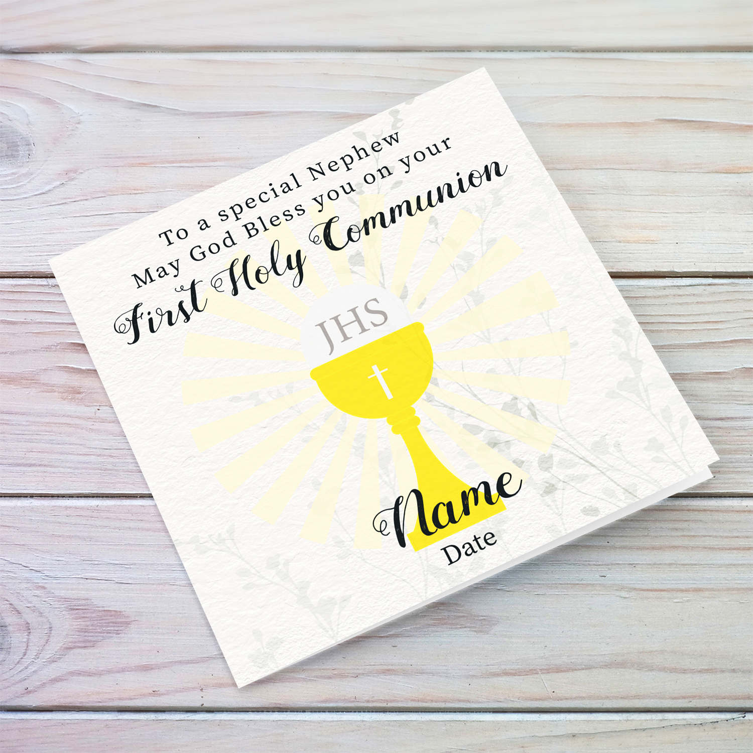 A beautiful First Holy Communion Card for Nephew, feauturing a chalice and holy bread with a neutral background in English (Personalisable)