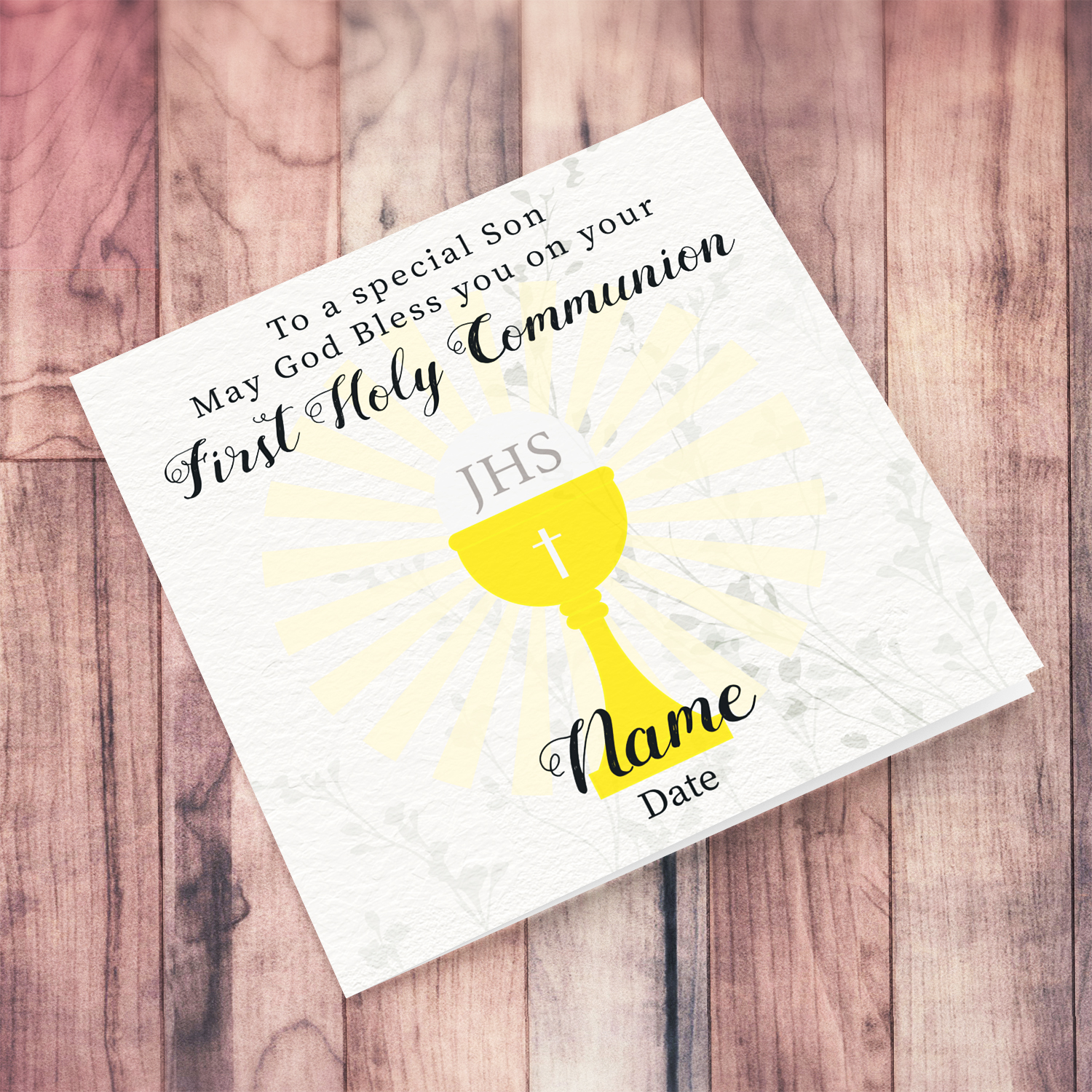 A beautiful First Holy Communion Card for Son, feauturing a chalice and holy bread with a neutral background in English (Personalisable)