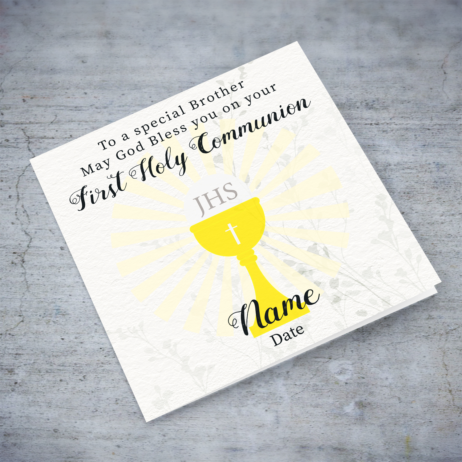 A beautiful First Holy Communion Card for Brother, feauturing a chalice and holy bread with a neutral background in English (Personalisable)