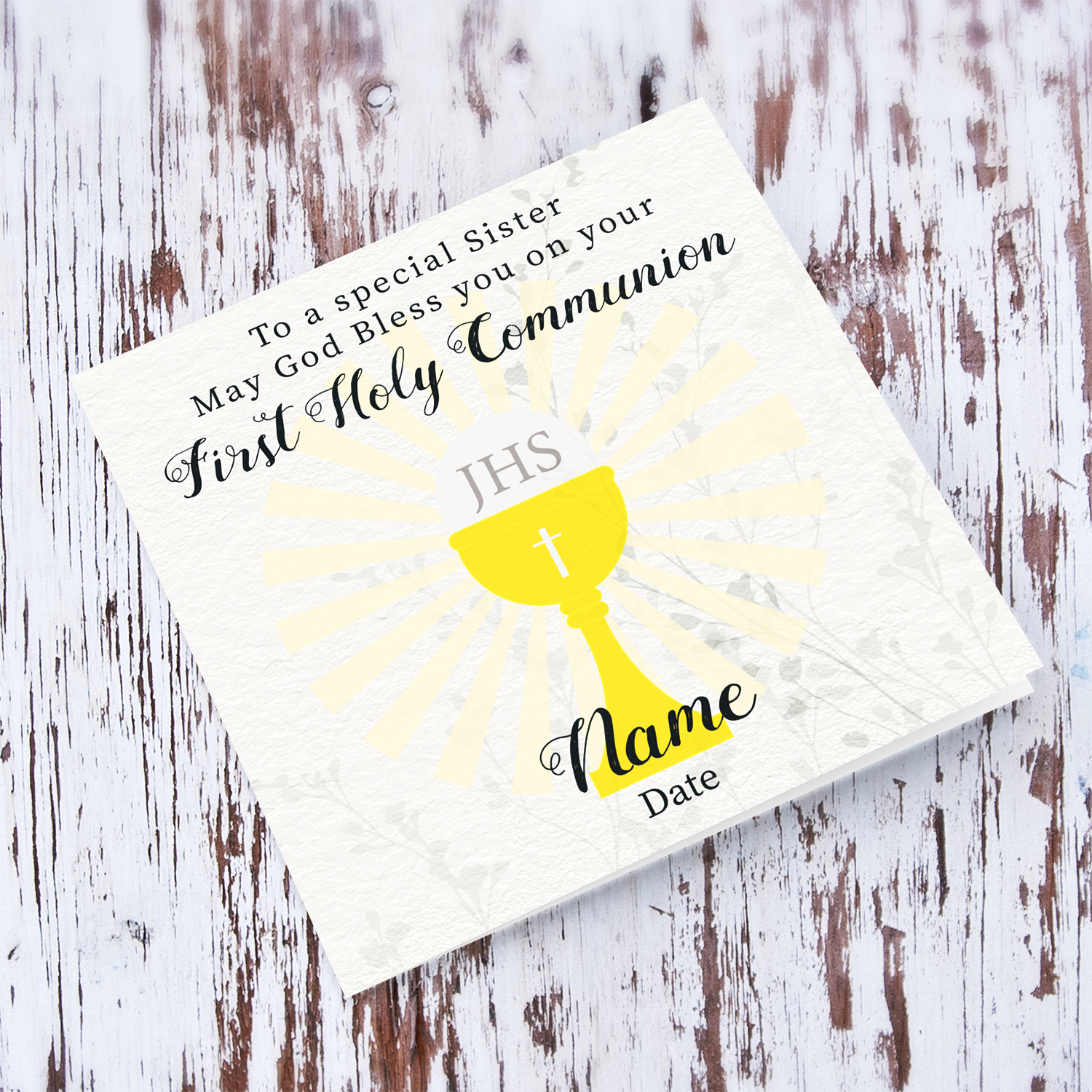 A beautiful First Holy Communion Card for Sister, feauturing a chalice and holy bread with a neutral background in English (Personalisable)