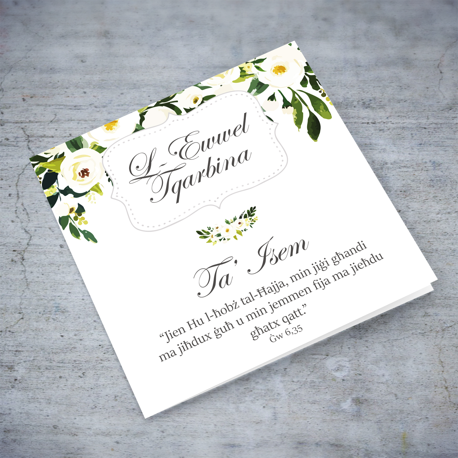 A beautiful First Holy Communion card featuring white florals for both girls & boys in Maltese 