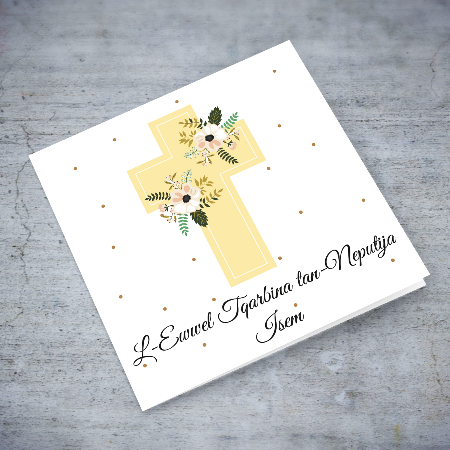 Holy Cross in pastel colour with various florals personalisable Holy Communion for niece card in Maltese (Personalisable) 