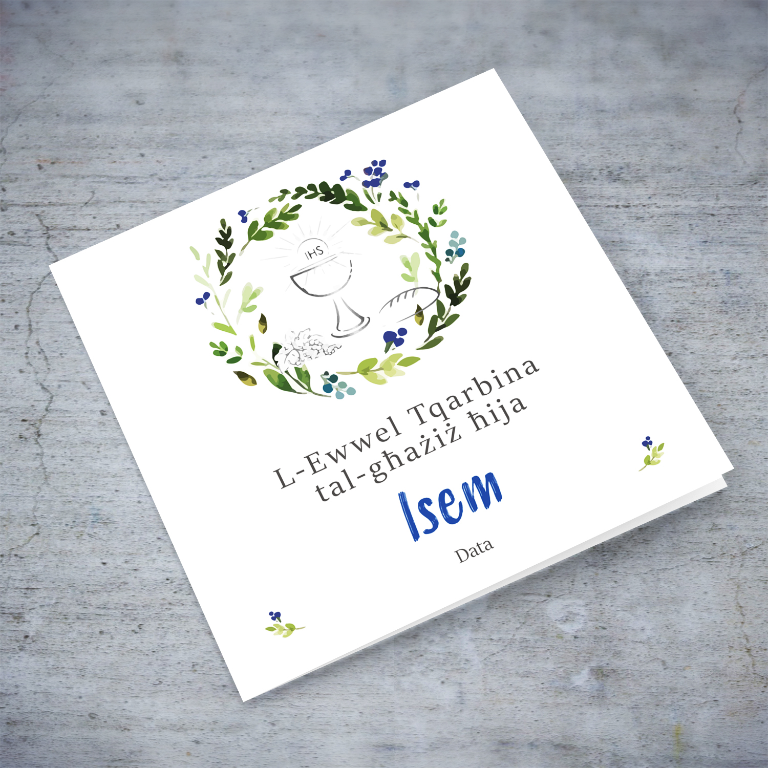 Floral wreath in blue tones with bread and wine, Holy Communion Card for brother in Maltese (Personalisable)