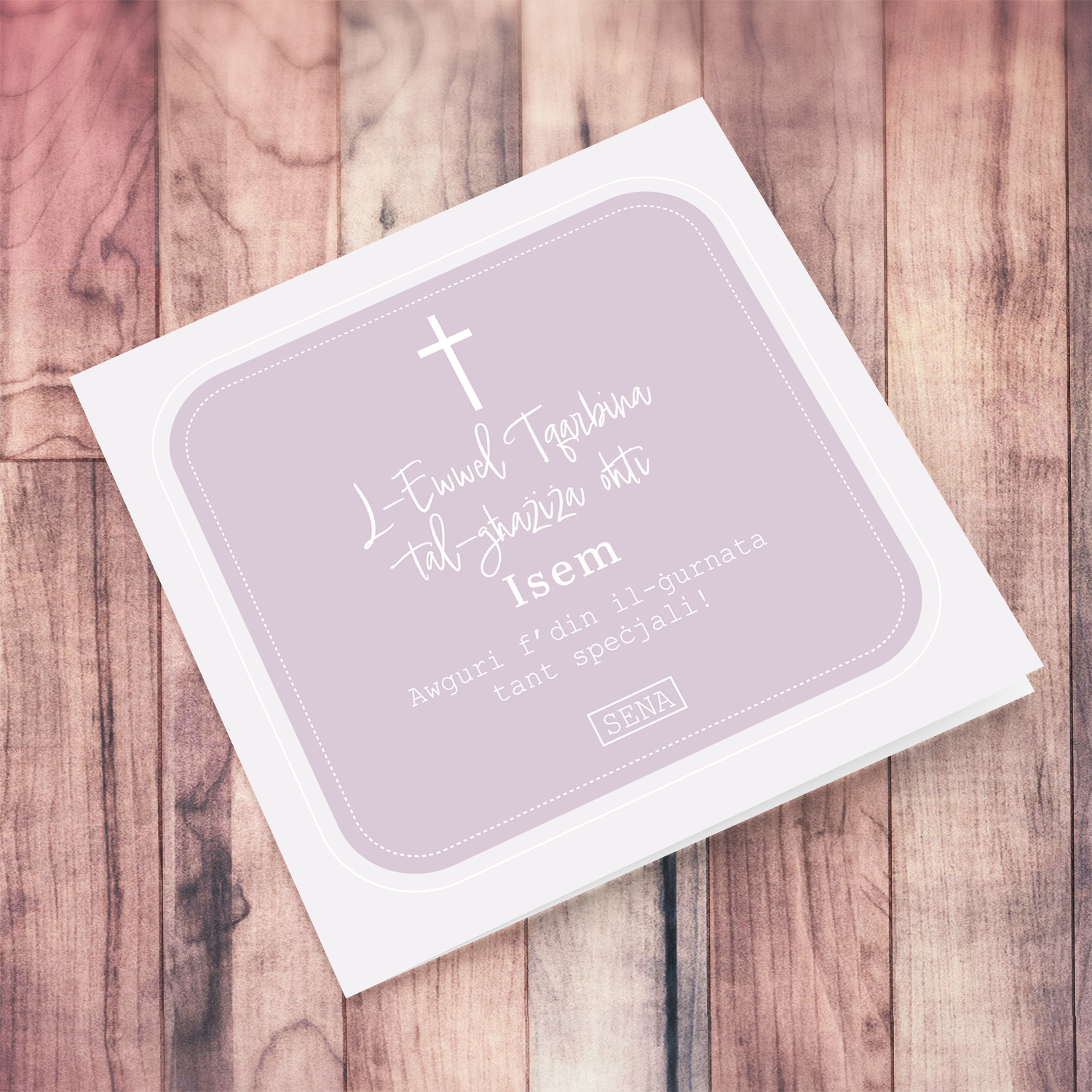 Different shades of pink/light purple Holy Communion card for SISTER in Maltese (Personalisable)