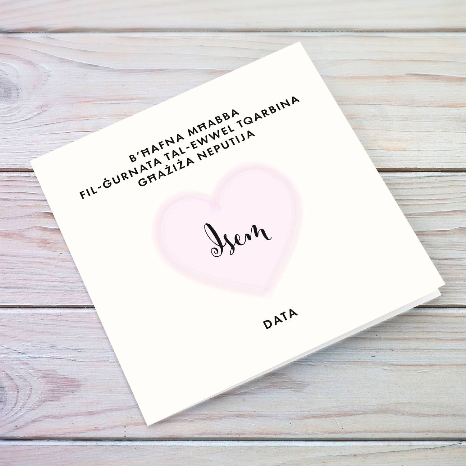 A minimalist Holy Communion card for Niece featuring a light pink heart in Maltese (Personalisable)