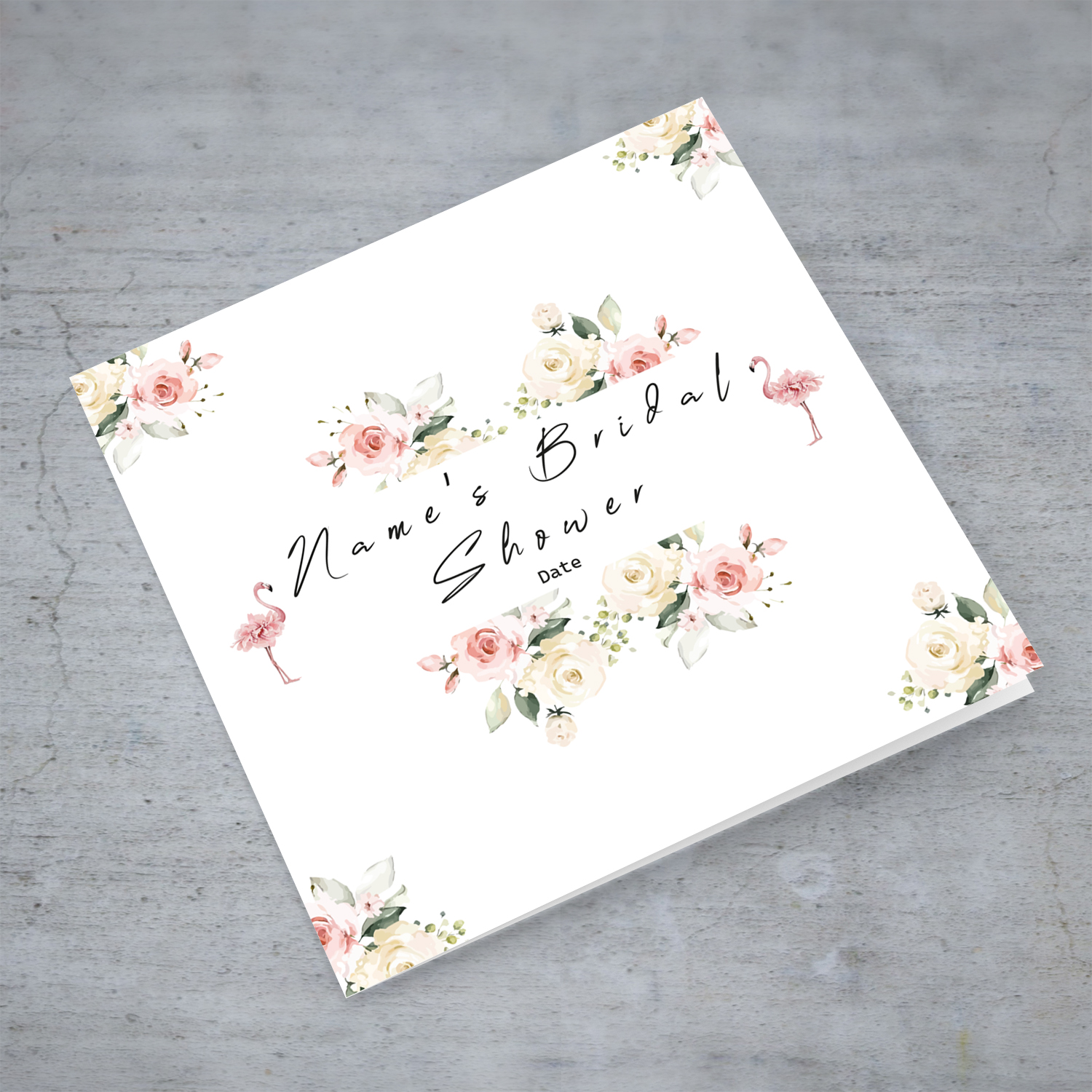 Elegant flowers Hen / Bridal Shower personalisable card with cute pink flamingos in English