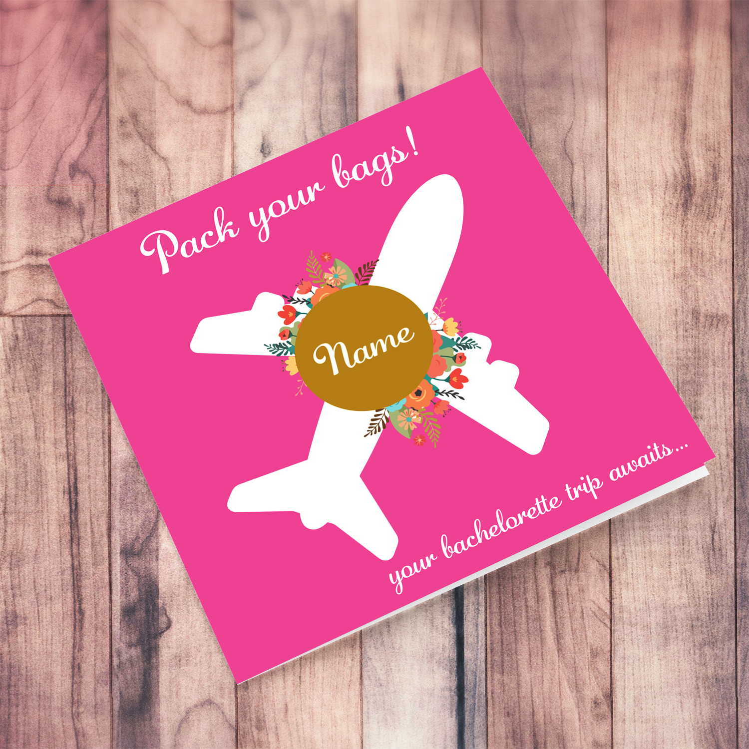 Surprise trip hen party / bachelorette card in pink background, with a white plane, flowers and personalisable in English