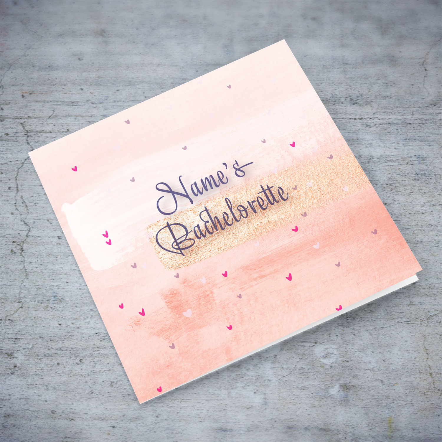 Cute pink and gold background hen party card with scattered hearts in English (Personalisable)